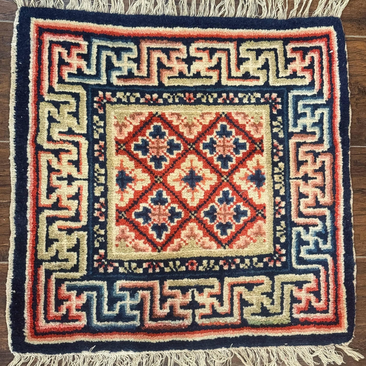 Small Antique Chinese Rug 2x2, Red Blue Square Rug Mat, Handmade, Tibe ...