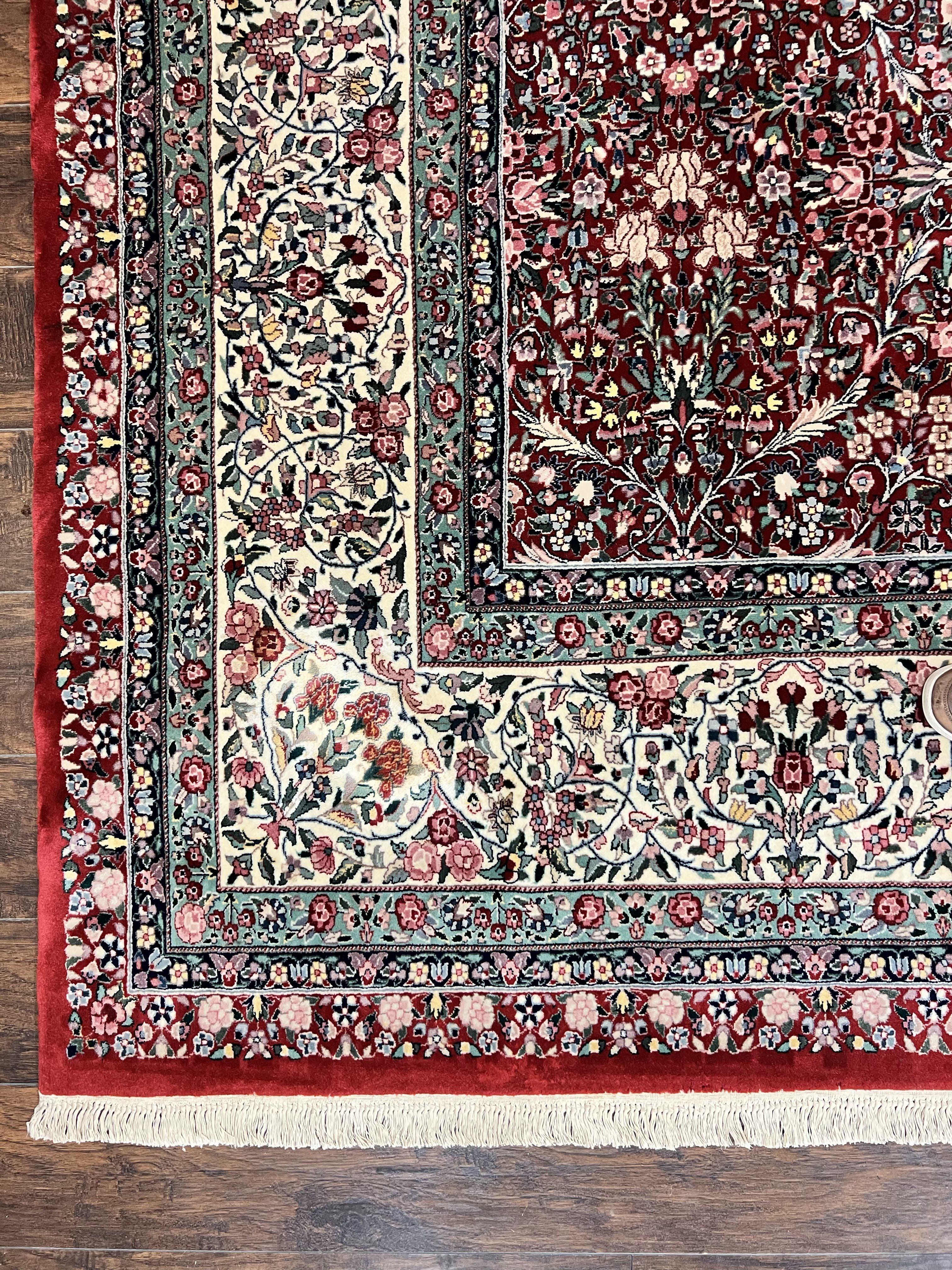 Pak Persian Rug 11x15, Wool & Silk Highlights Hand Knotted Vintage Carpet, Red Cream, Floral Allover, Oversized Kirman Rug - Jewel Rugs