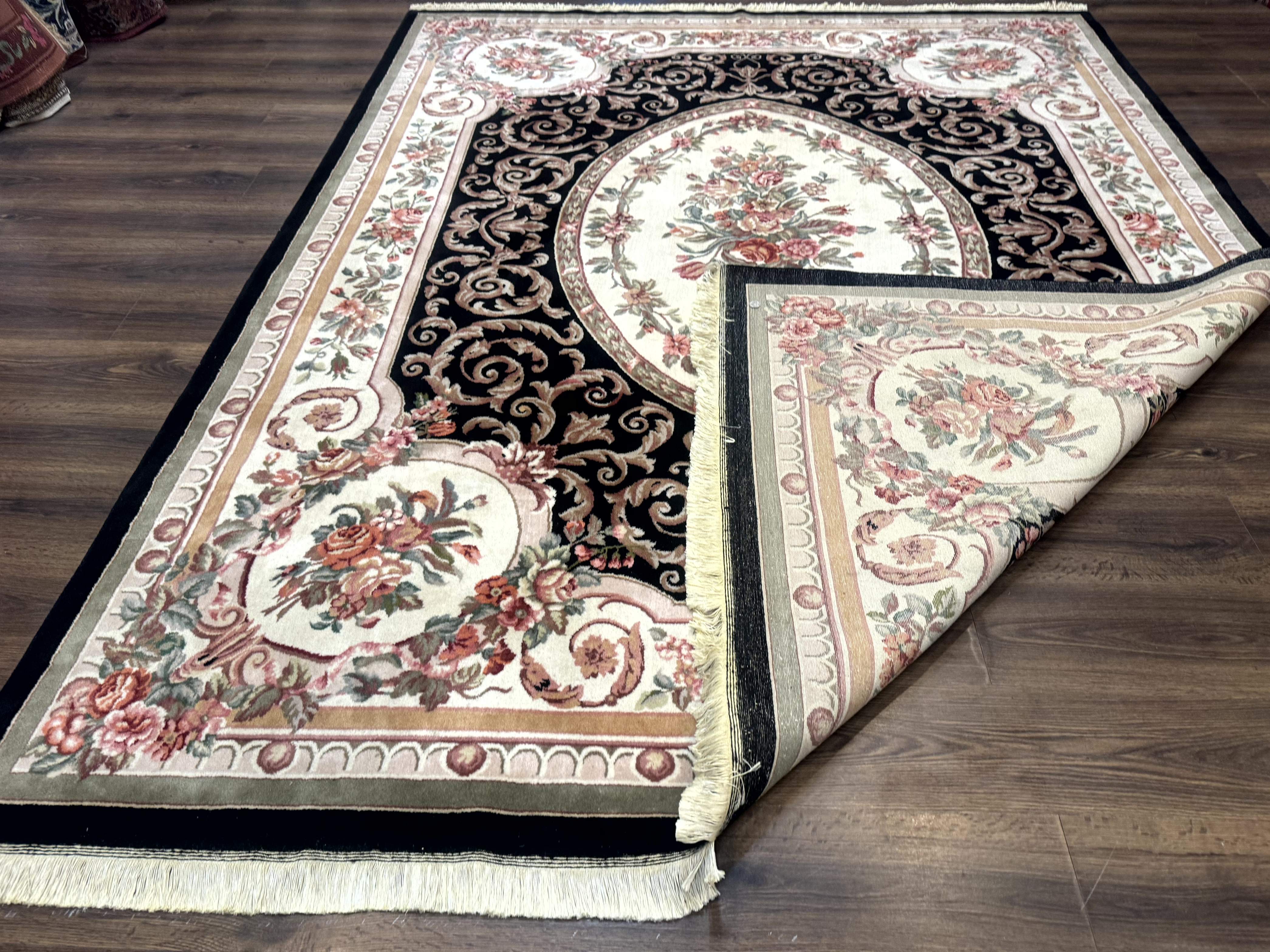 Aubusson Rug 8x10 – Black and Ivory, Hand-Knotted Wool, Vintage Carpet - Jewel Rugs