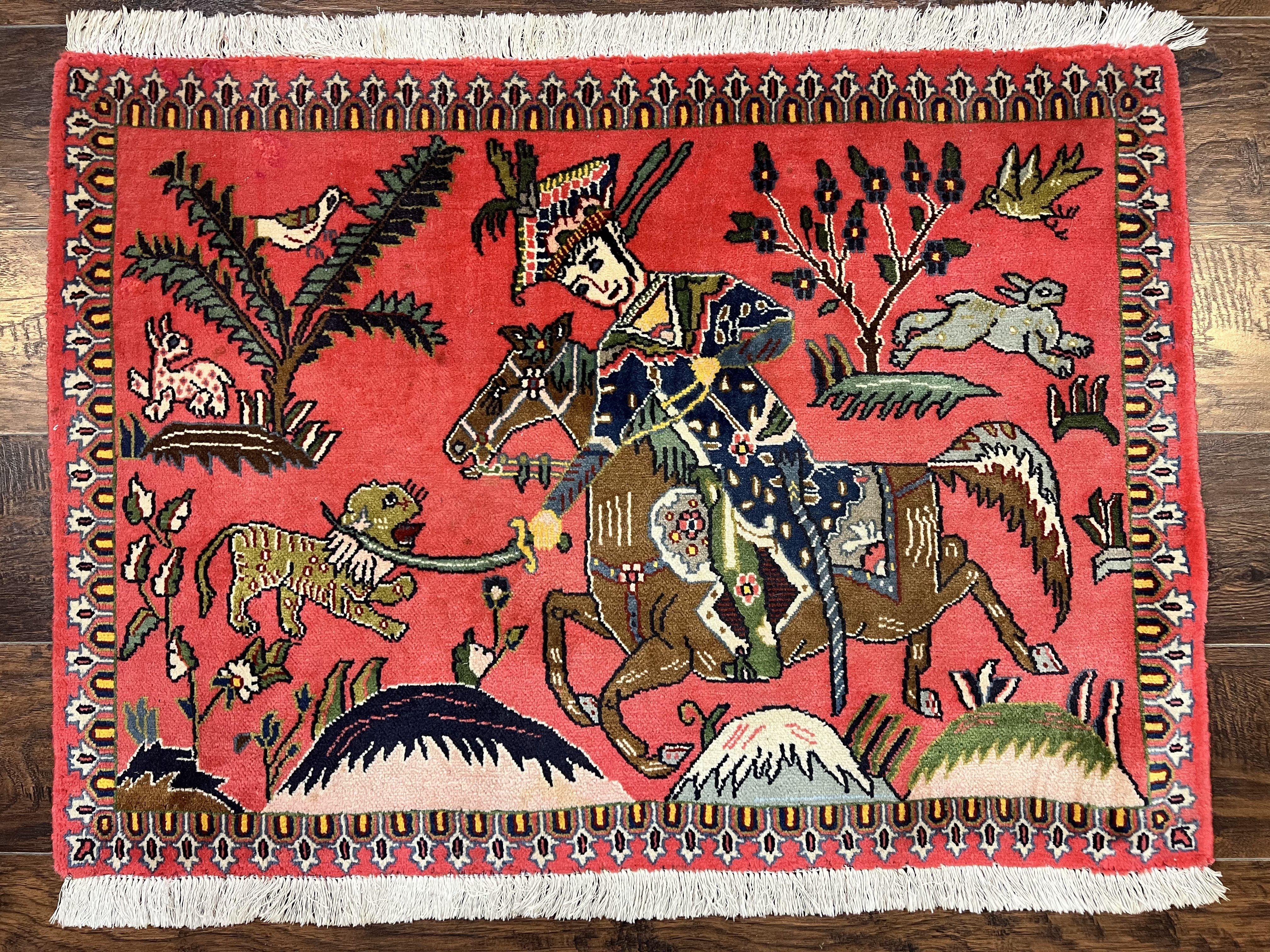 Persian Kashan Hunting Rug 4x3, Wool Hand-Knotted Vintage Carpet, Semi Antique Pictoral Rug, Red, Horsemen Lion Animal Pictorials - Jewel Rugs