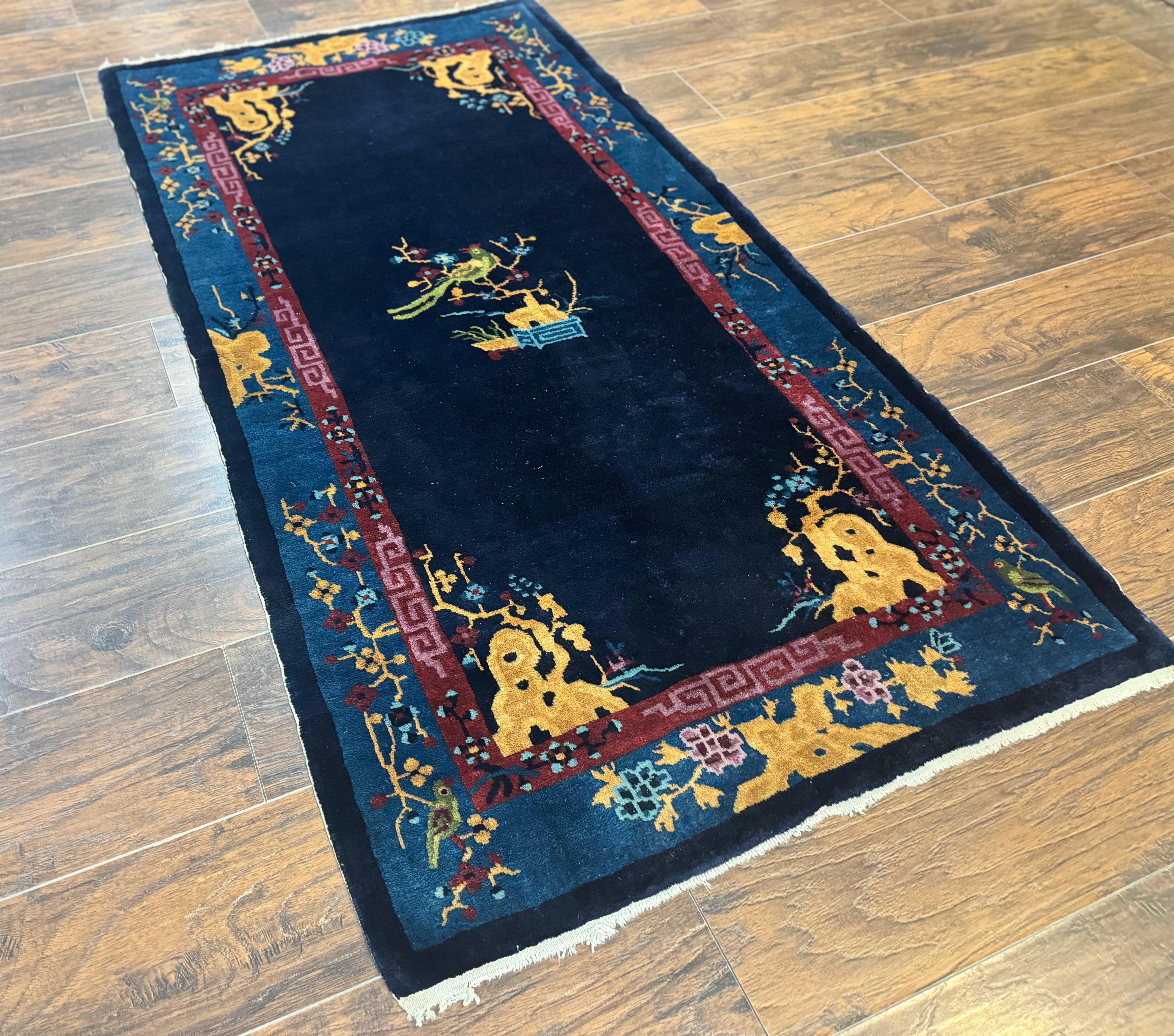 Antique Chinese Peking Rug 3x6, Dark Blue, Bird Motif, Handmade Wool Art Deco Asian Oriental Carpet, Pair A - Jewel Rugs
