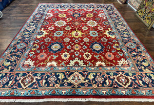 Indo Heriz Rug 8x10, Red and Navy Blue, Allover Pattern, Wool Handmade Carpet