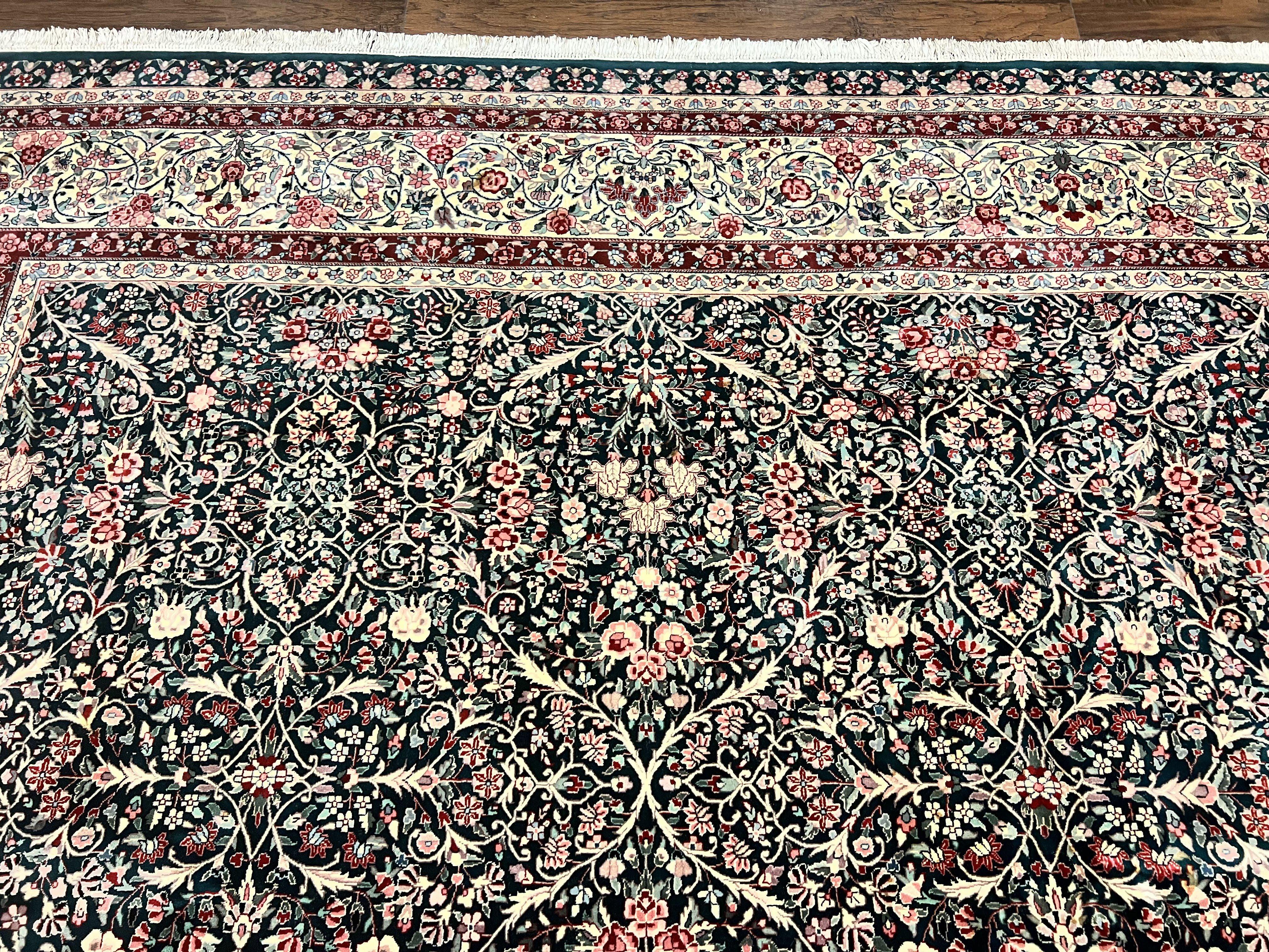 Large Sino Persian Rug 10x14, Wool Hand Knotted Vintage Carpet, Dark Green & Beige, Kirman Floral Rug, Fine Weave, Traditional, Large - Jewel Rugs