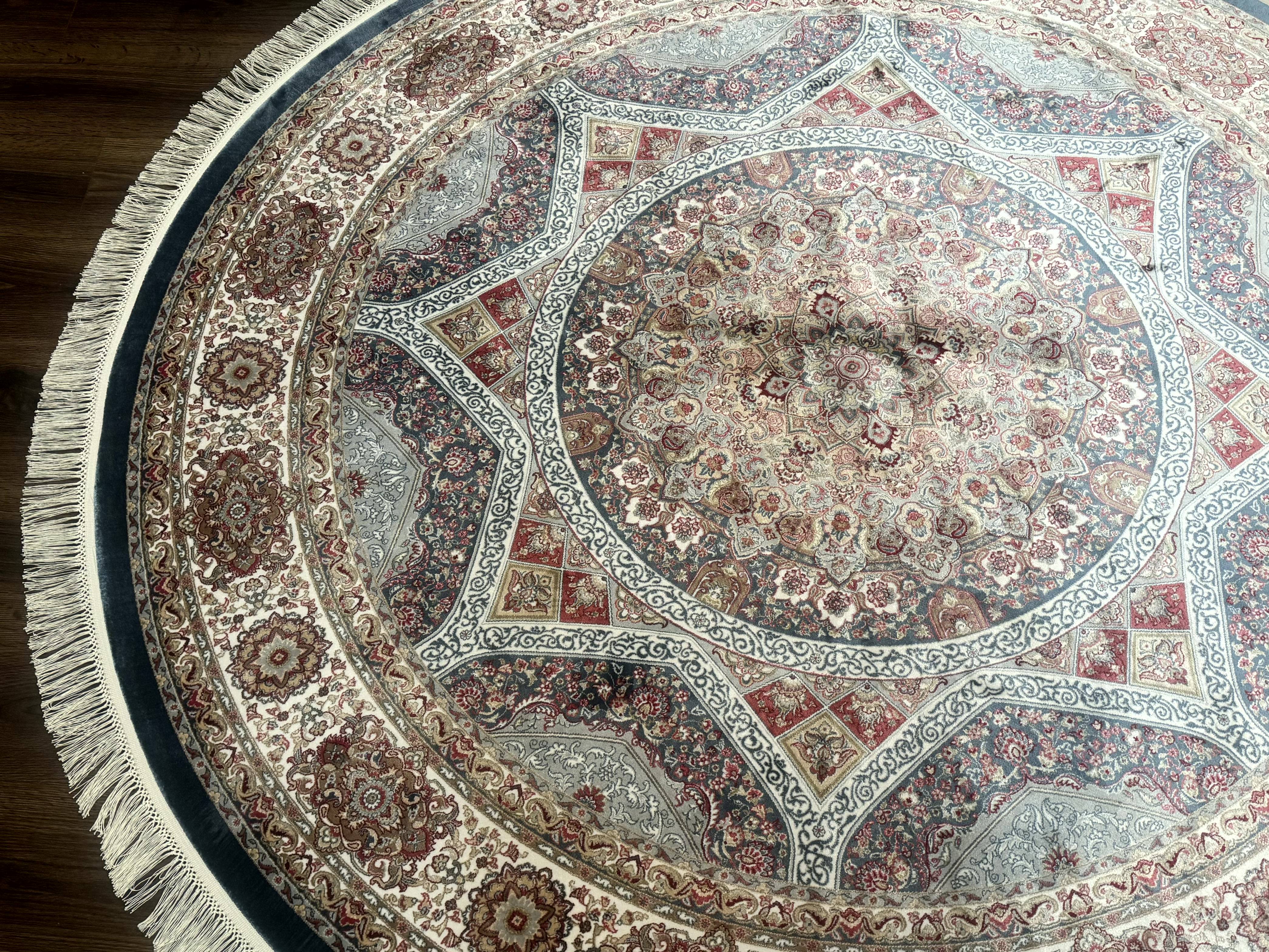 Round Silk Rug 6x6, Blue and Ivory, Turkish Silk Carpet, Bamboo Silk - Jewel Rugs