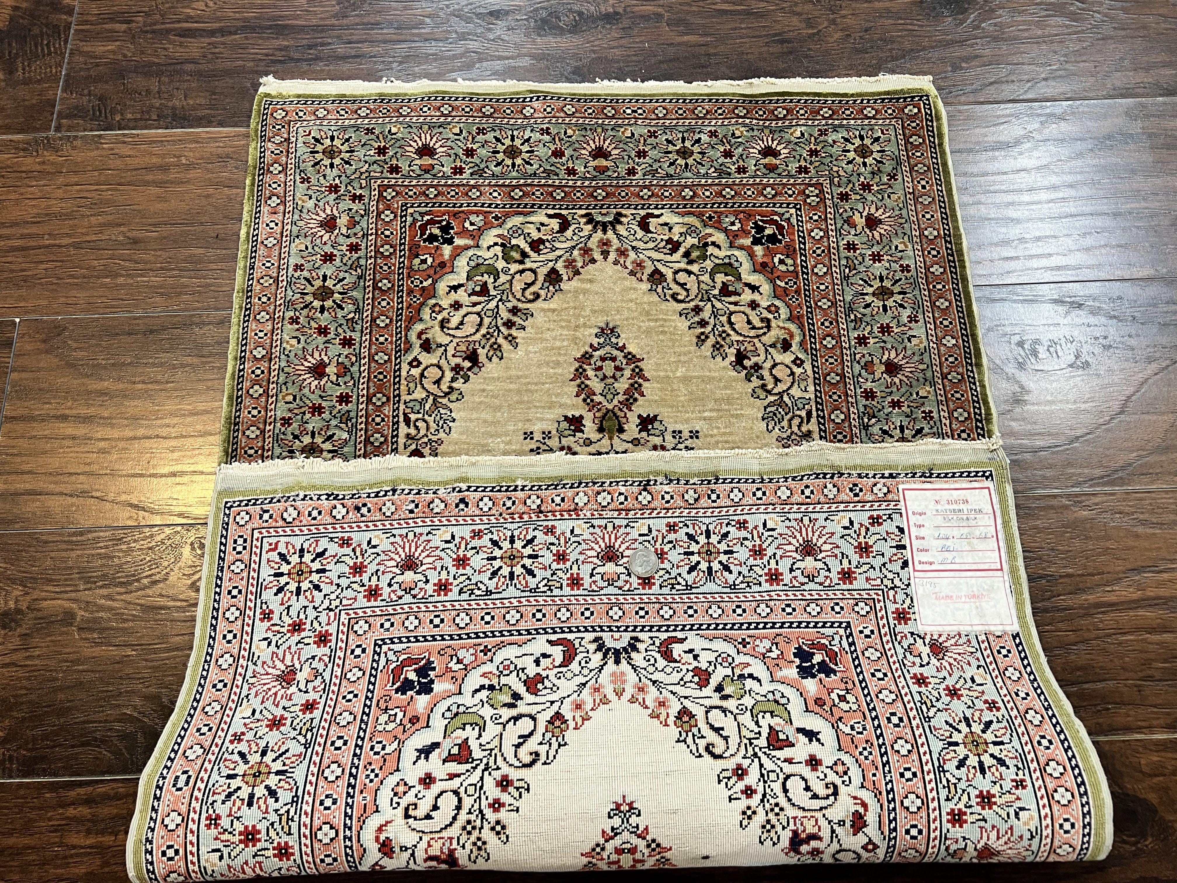 Silk Turkish Kayseri Rug 2x3, Very Finely Hand Knotted, Semi Open Field, Vintage, Silk Pile on Silk Foundation, 300 KPSI - Jewel Rugs