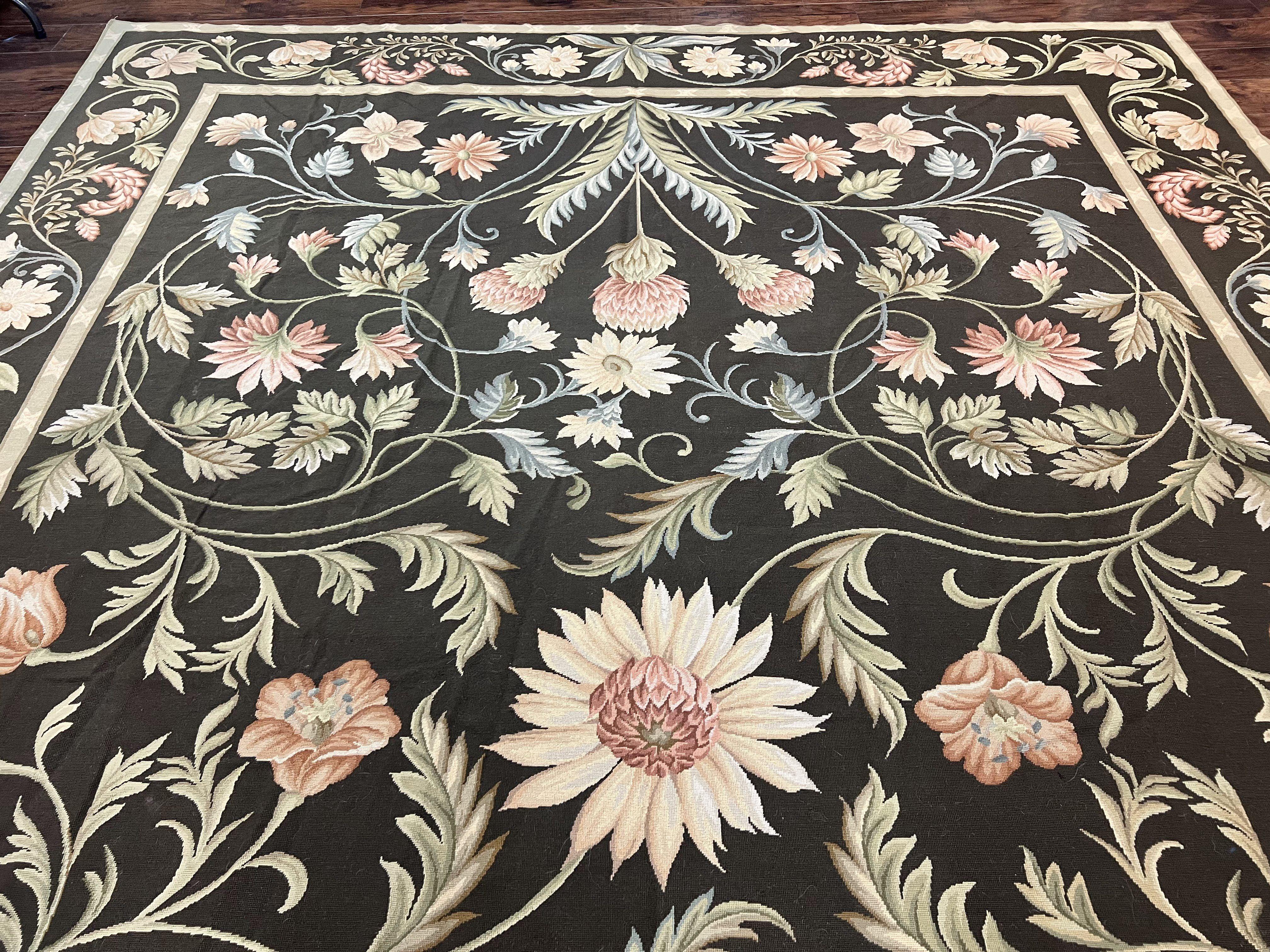 Large Needlepoint Rug 11x16, Dark Green Floral Elegant European Design Vintage Wool Handmade Carpet, Palace Size Rug - Jewel Rugs