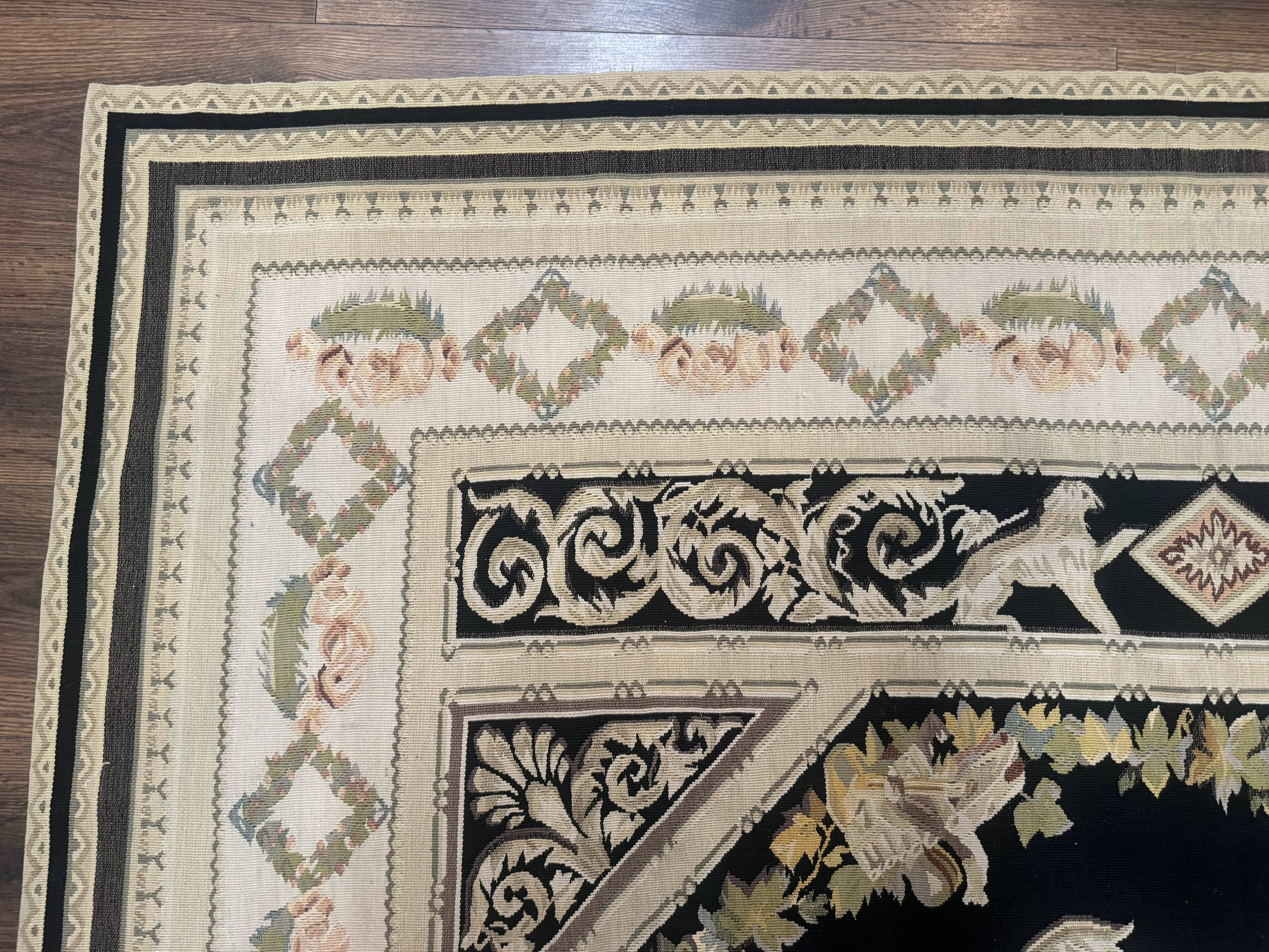 Aubusson Rug 6x8, European Design, Lion Pictorials, Black - Jewel Rugs