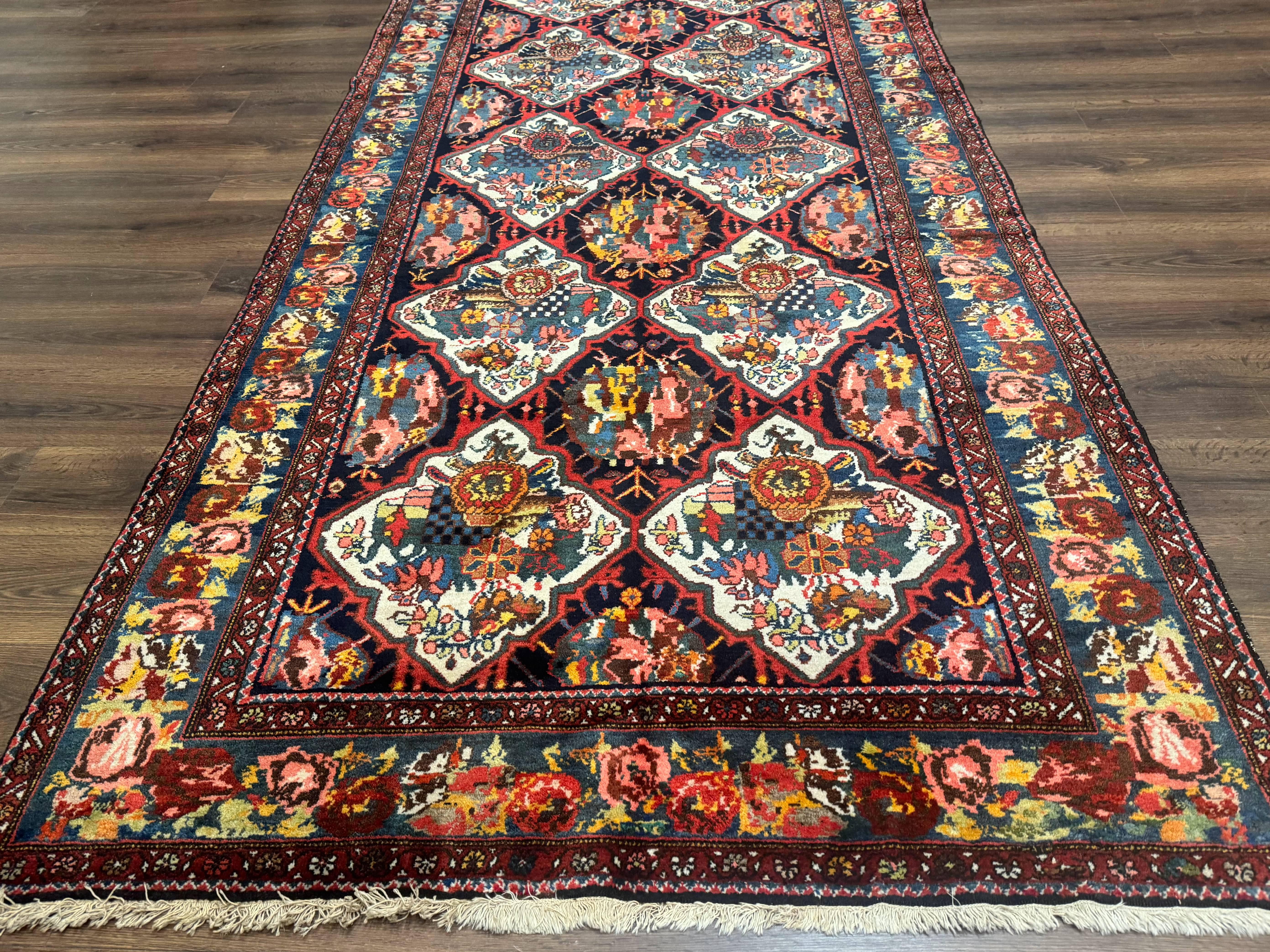 Persian Bakhtiari Rug 5x12, Wide Runner Rug, Unique Size, Multicolor Panel Design, Navy Blue Ivory, Antique Persian Rug, Colorful - Jewel Rugs