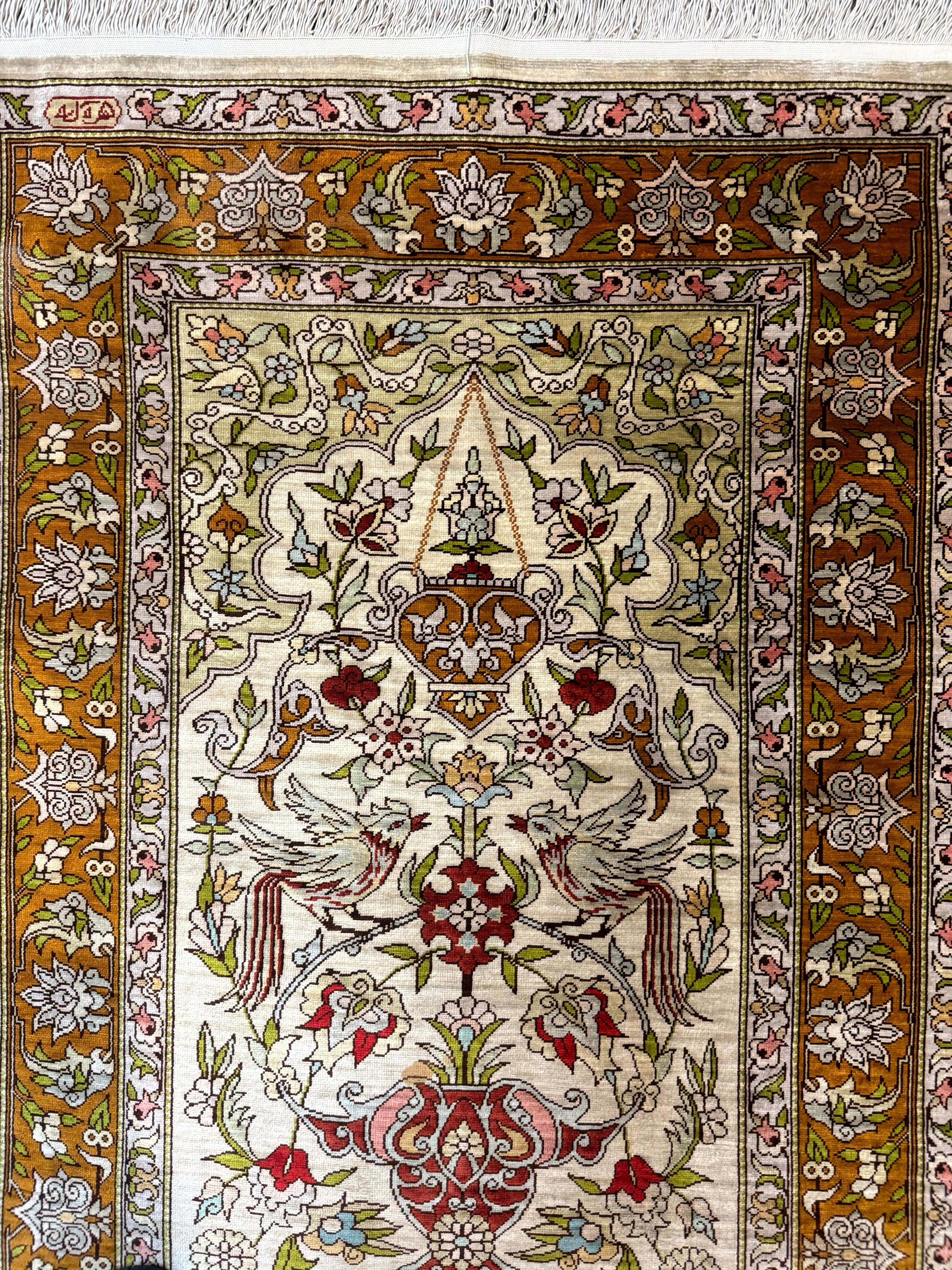 Silk Turkish Hereke Rug 2x3, Birds Lantern Very Fine 400 KPSI, Signed by Masterweaver, Wonderful, Rare, Small Hereke Rug - Jewel Rugs