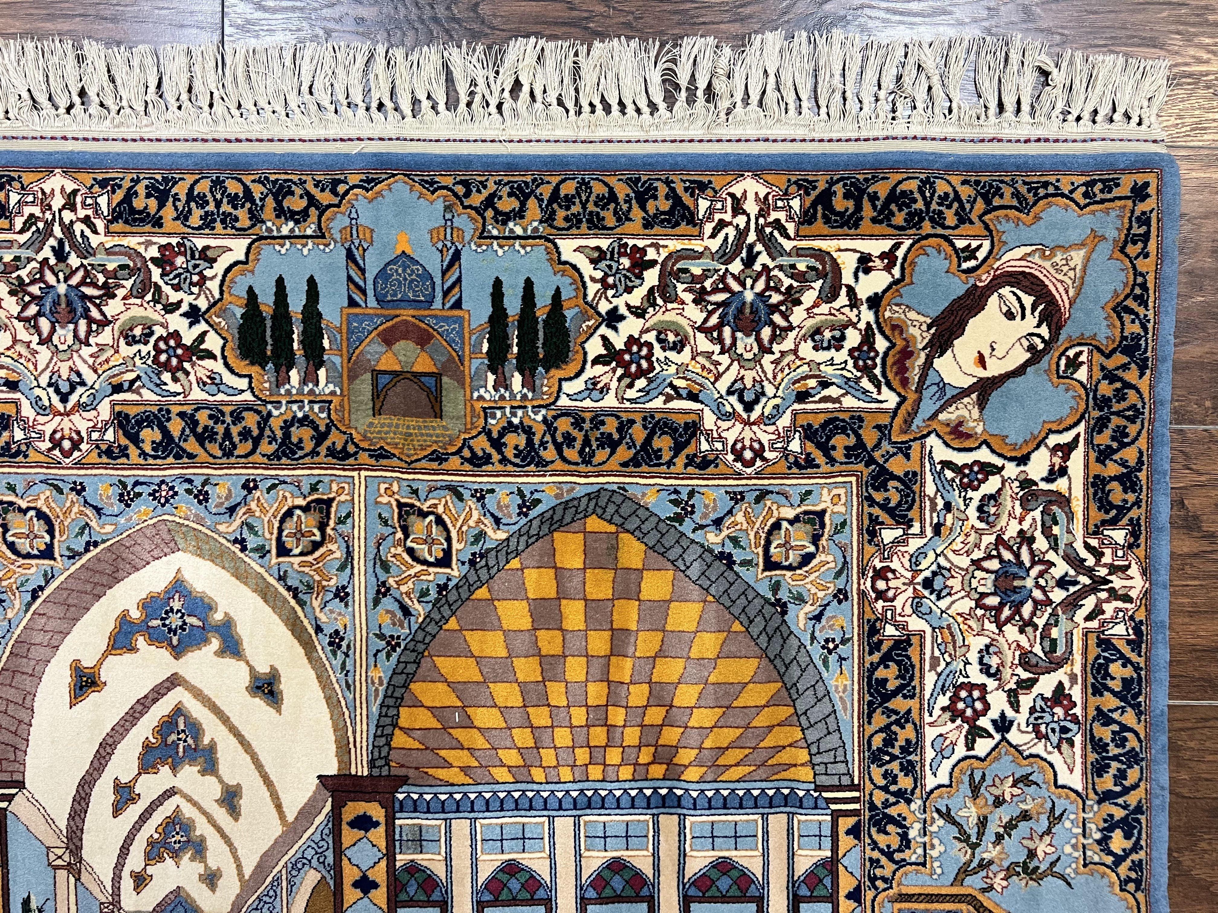 Persian Isfahan Pictoral Rug 3x6, Kork Wool on Silk Foundation, Handmade Vintage Carpet, 550 KPSI Super Fine, Lovers Palace Instruments - Jewel Rugs