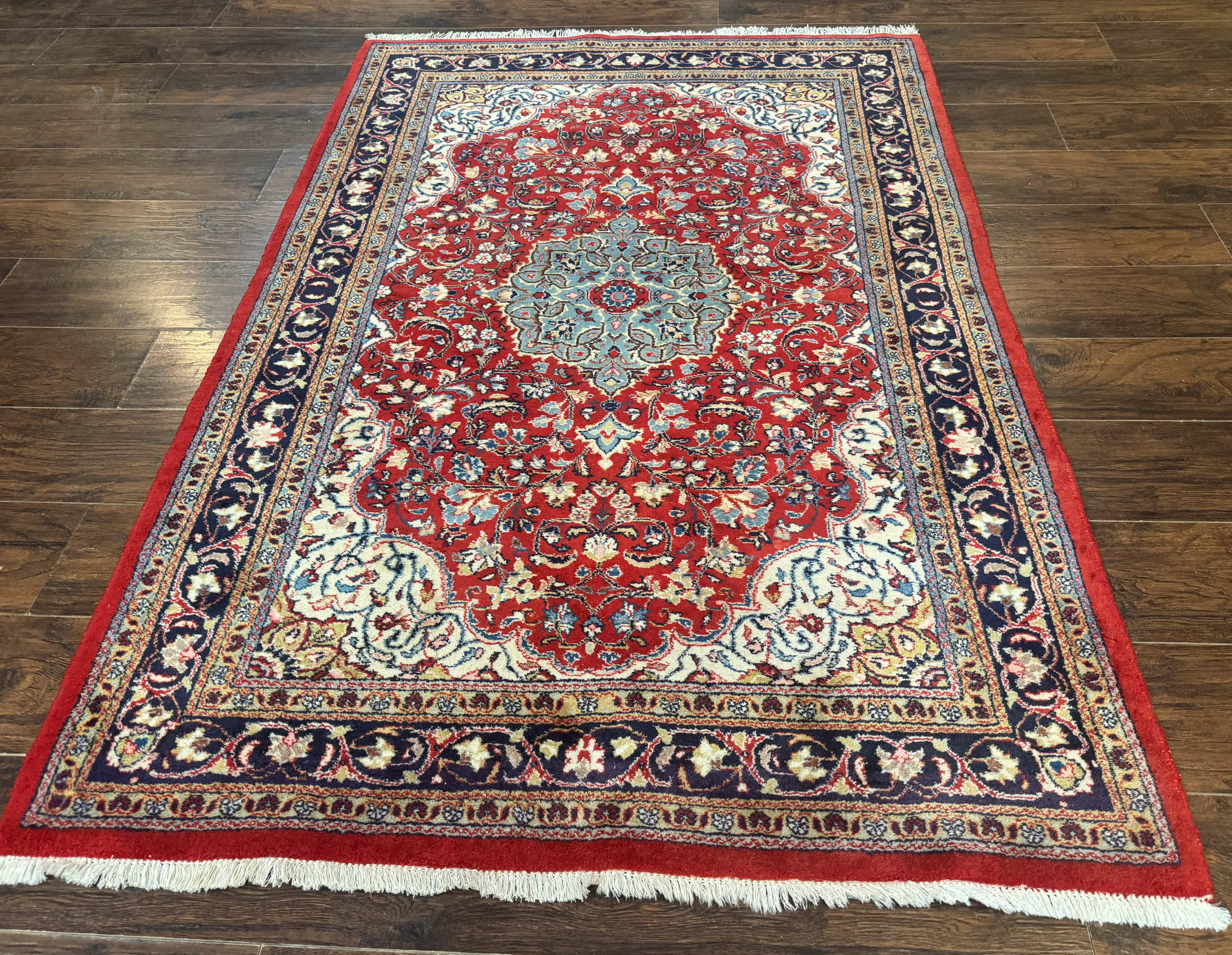 Persian Sarouk Rug 4x7, Red Navy Blue Vintage Wool Medallion Carpet - Jewel Rugs