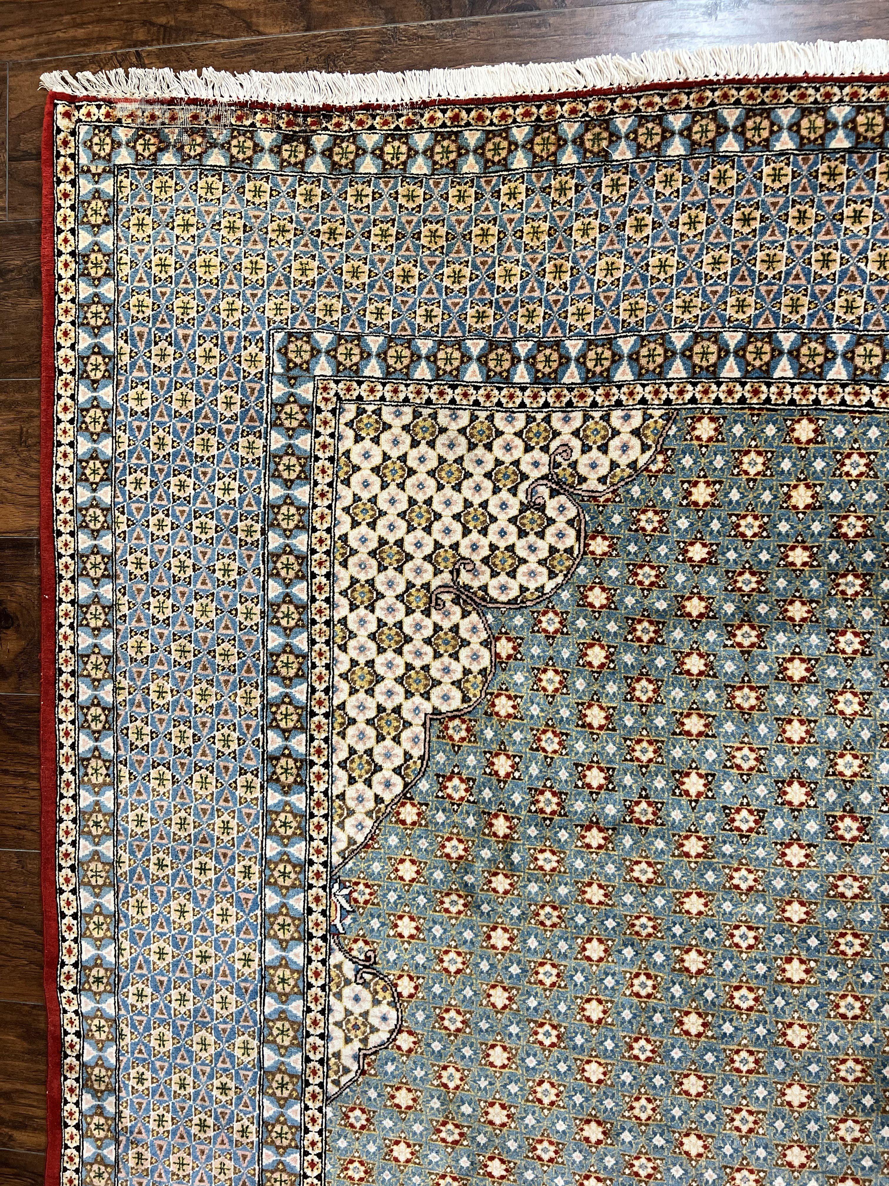 Rare Persian Rug 8x12, Qum Rug, Repeated Star Motifs, Blue and Ivory, Fine 300 KPSI, Hand Knotted Handmade Vintage Wool Rug - Jewel Rugs