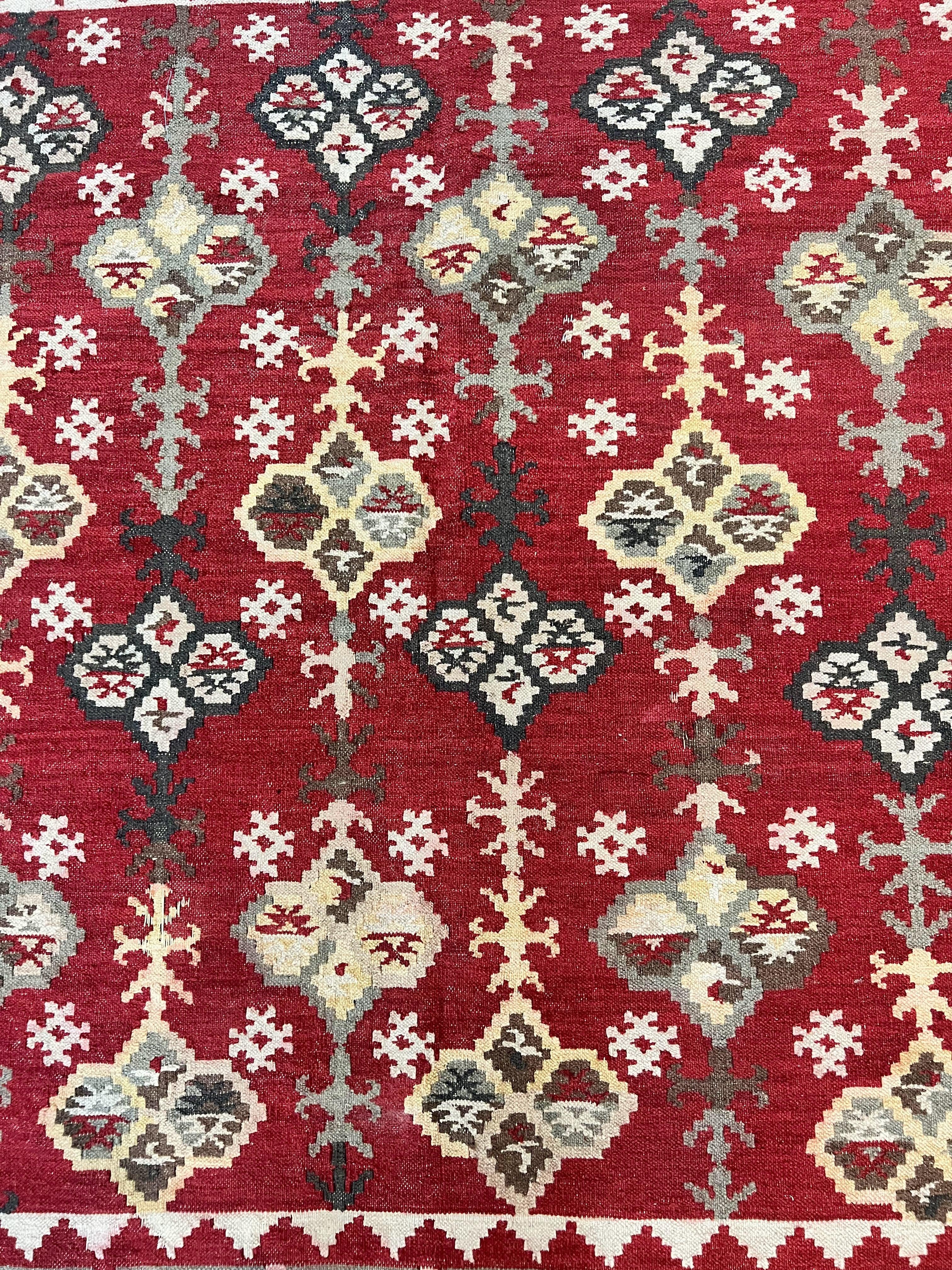 Indian Kilim Rug 6x6, Square Kilim Flatweave Carpet, Vintage Handmade Wool Rug, Red - Jewel Rugs
