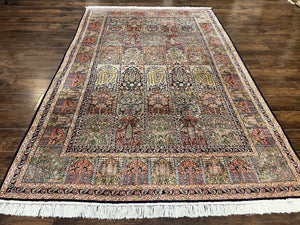Silk Indian Kashmiri Rug, Panel Design, Multicolor, Indo Persian Rug, Very Fine, Handmade, Vintage, 320 KPSI