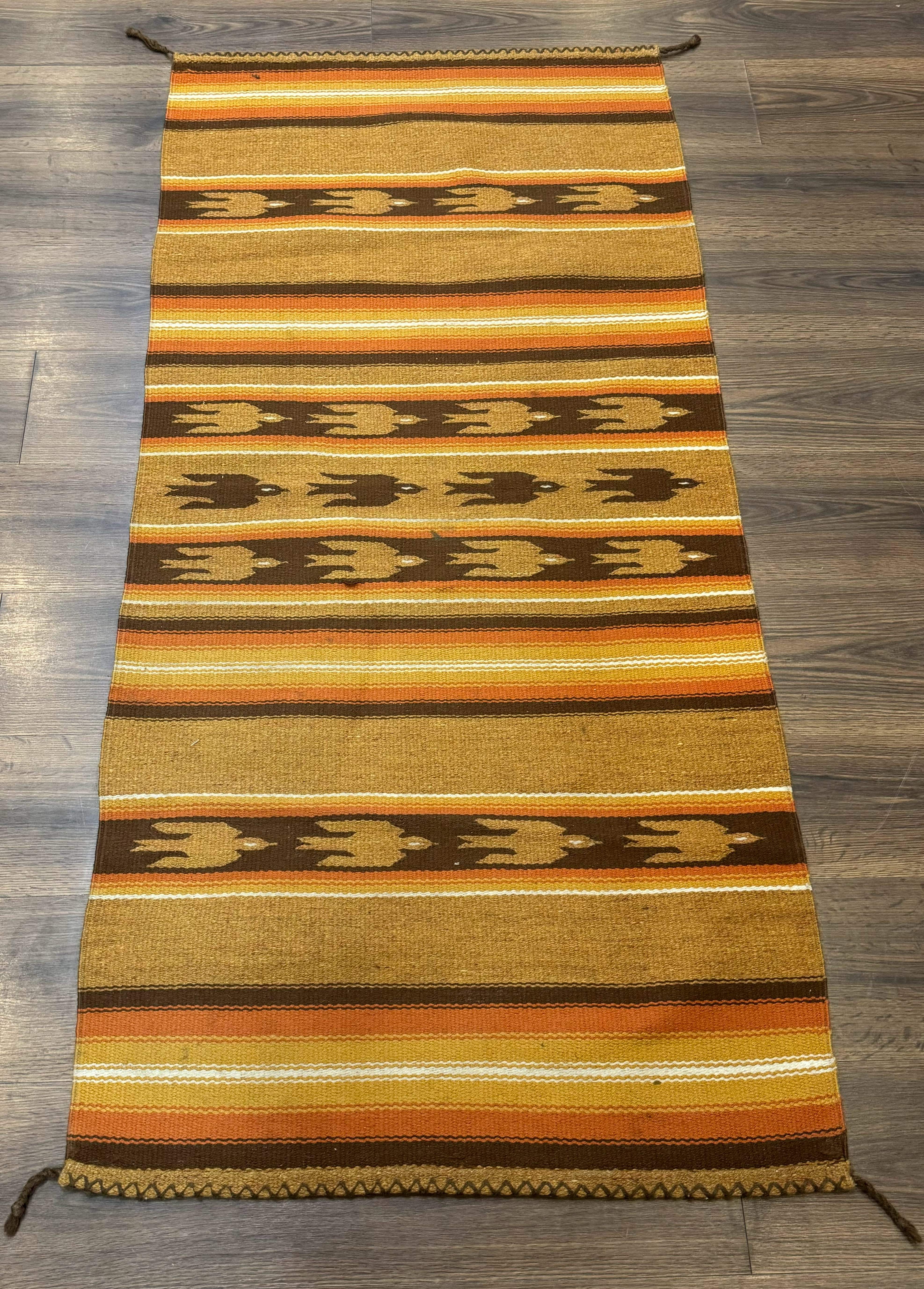 South American Rug Blanket 2.7 x 5.6, Wool, Handmade, Navajo Design, Orange Brown - Jewel Rugs