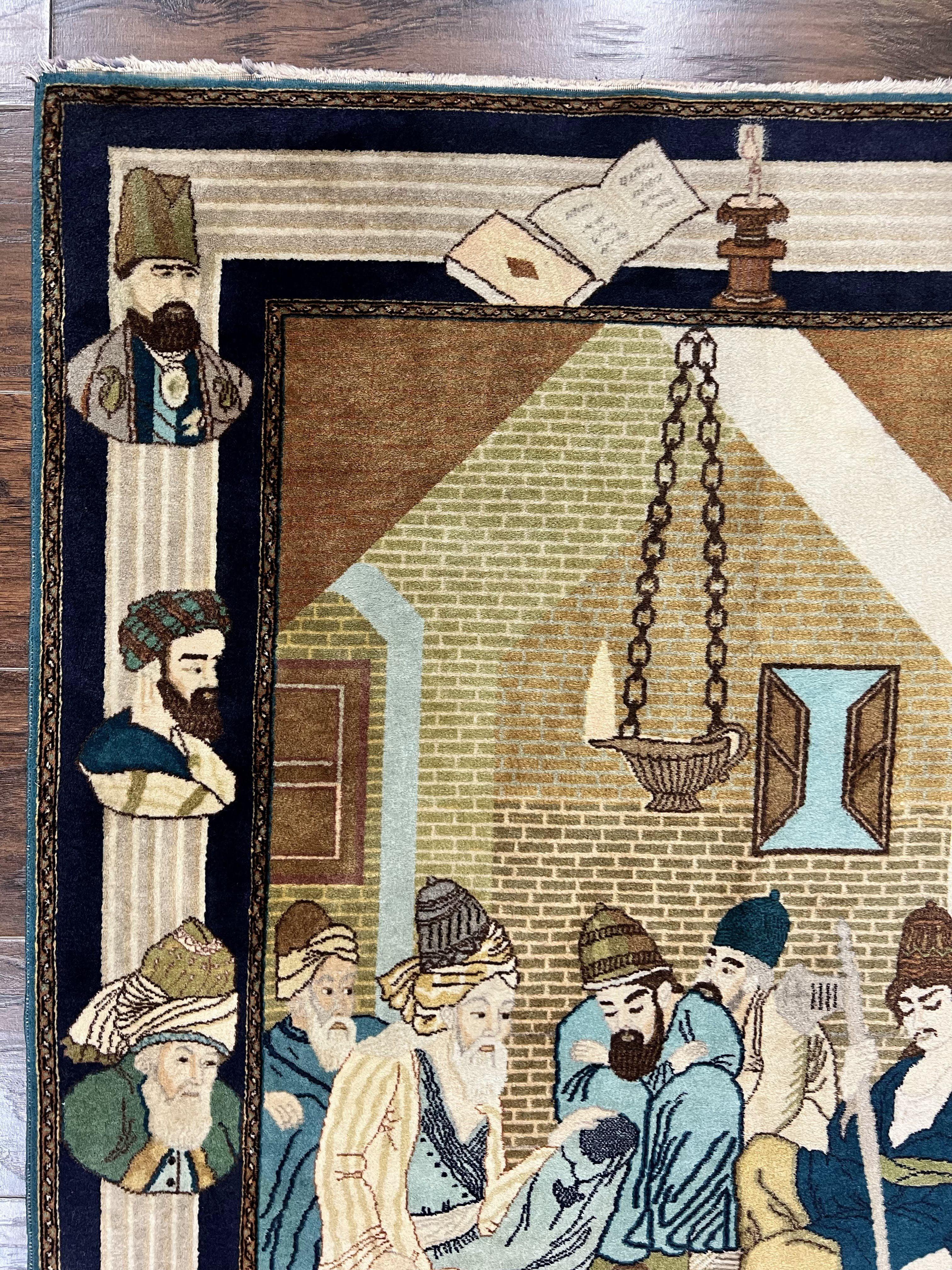 Persian Tabriz Pictorial Rug 3x5, Wall Hanging Carpet, Very Fine 60 Raj 475 KPSI, Hand Knotted Vintage Semi Antique, Wool, Persian Poetry - Jewel Rugs