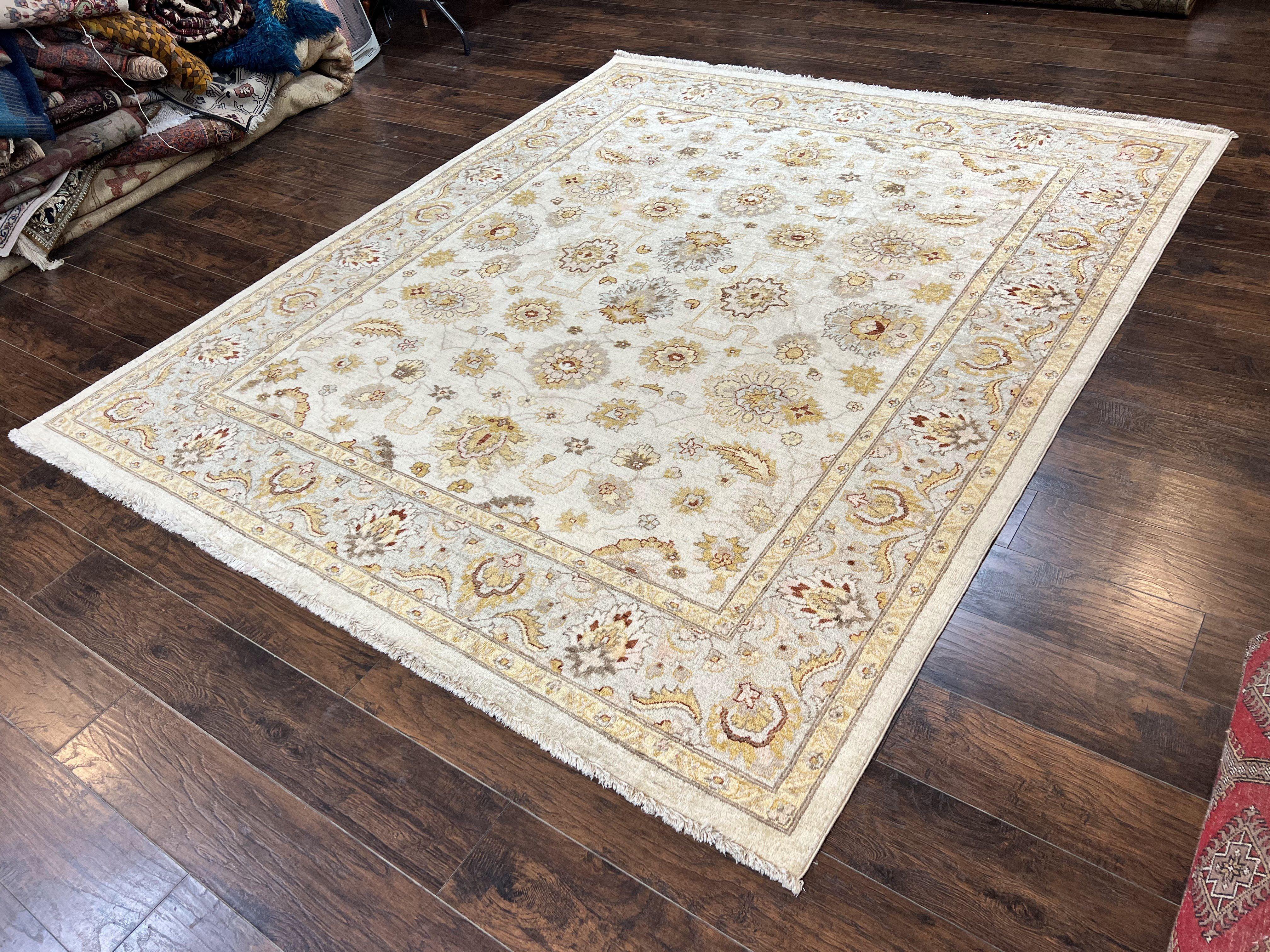 Peshawar Rug 8x10, Oushak Rug 8 x 10 ft, Floral Allover Neutral Colors Handmade Hand Knotted Rug, Farmhouse Rug, Room Sized Vintage Wool Rug - Jewel Rugs