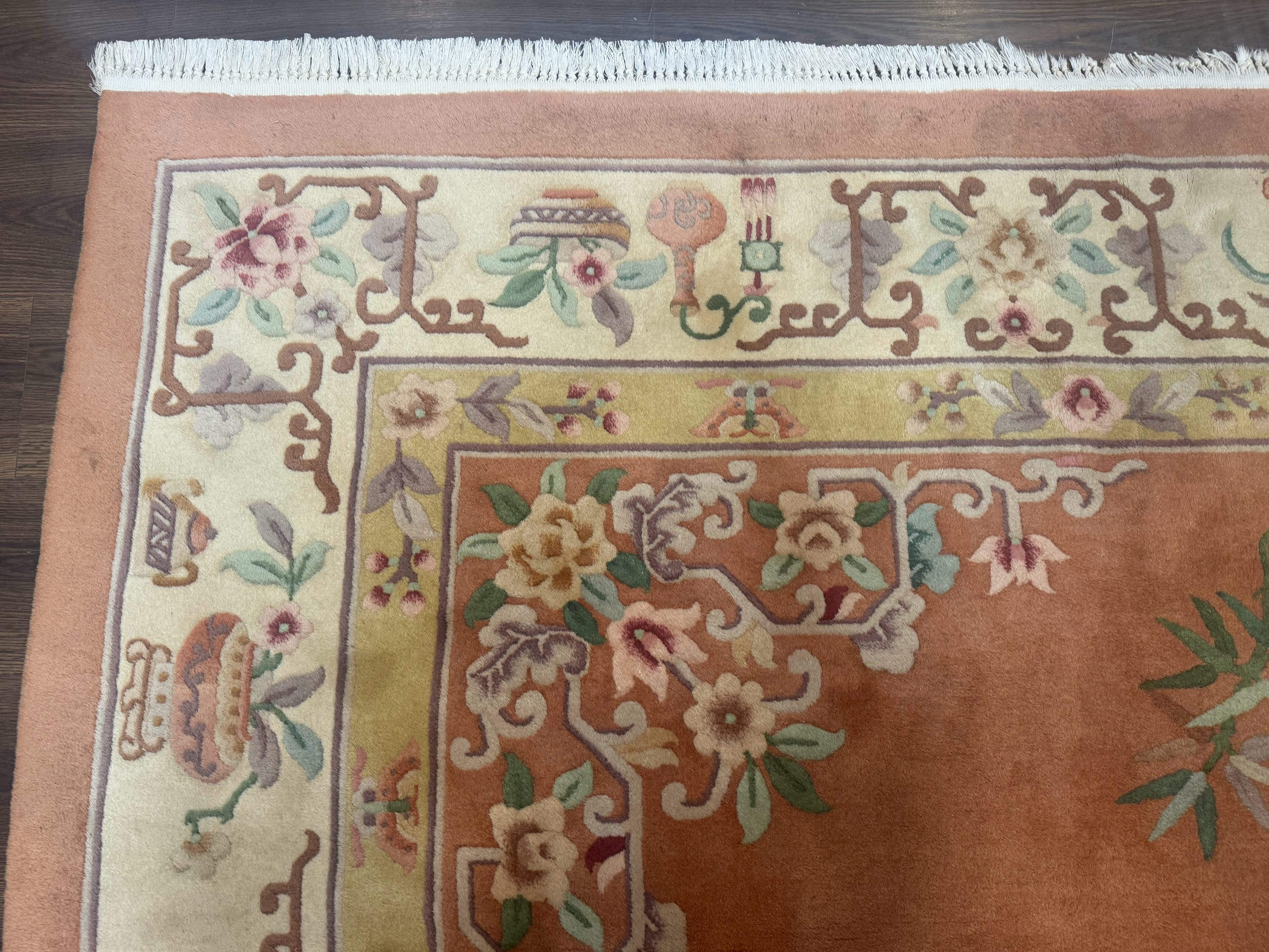 Chinese Wool Rug 9x12 – Apricot-Peach, Hand-Knotted Wool Vintage 90 Line Carpet - Jewel Rugs
