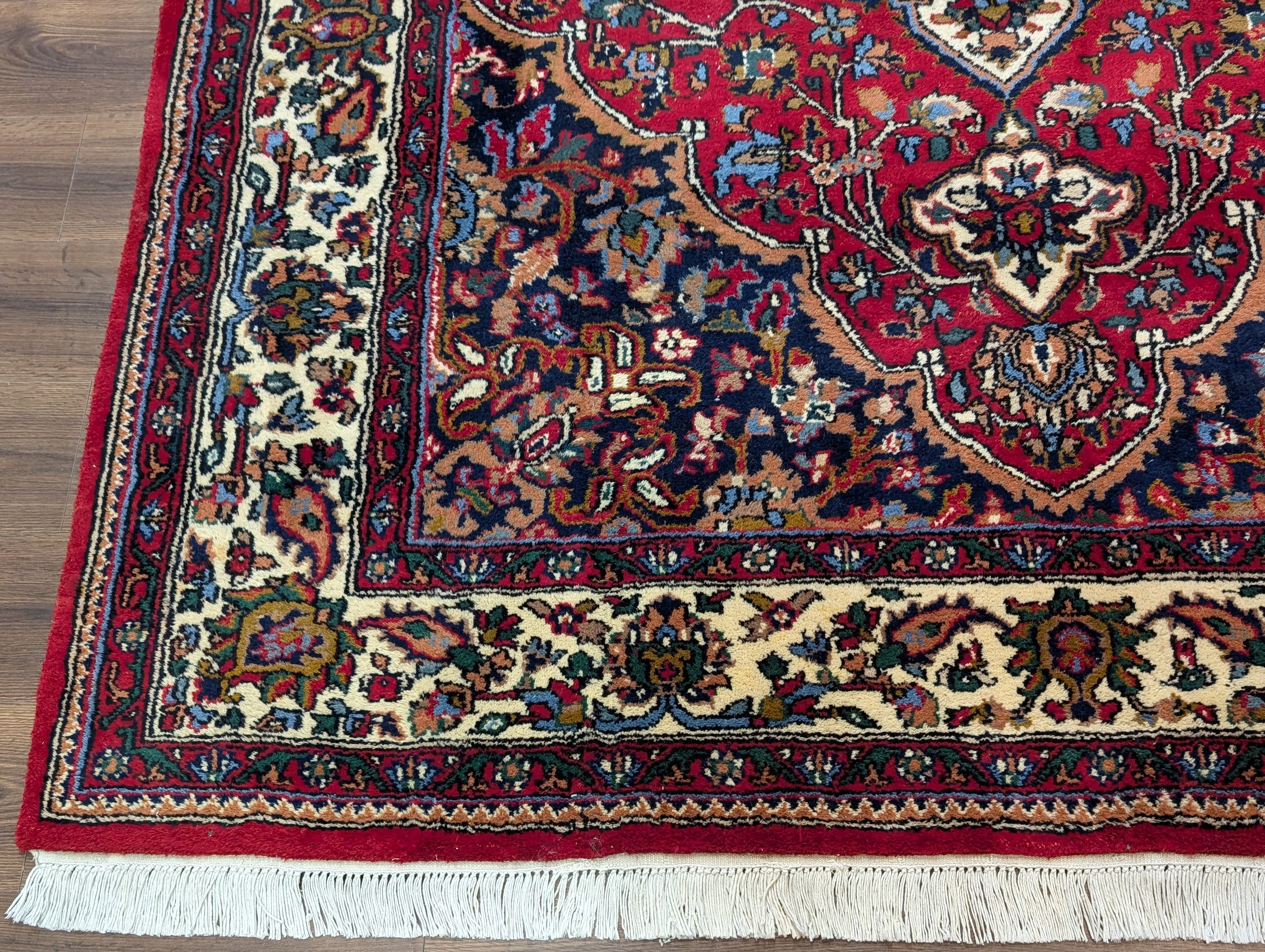 Indo Persian Rug 7x10, Floral Medallion Hand-Knotted Wool Carpet, Red Ivory Navy - Jewel Rugs