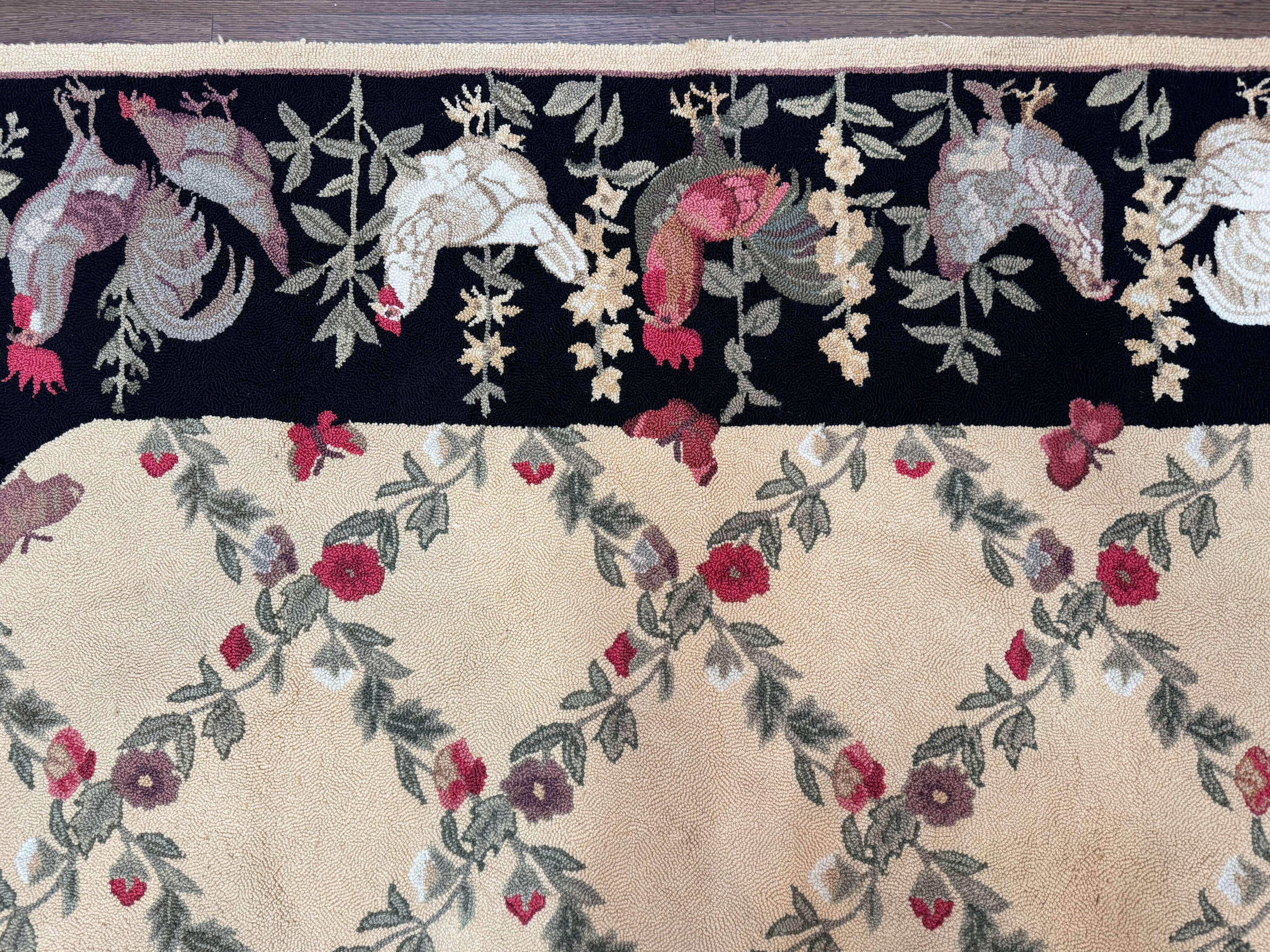 Vintage Hooked Rug 7x9, Rosters in Border, Roses and Butterflies - Jewel Rugs