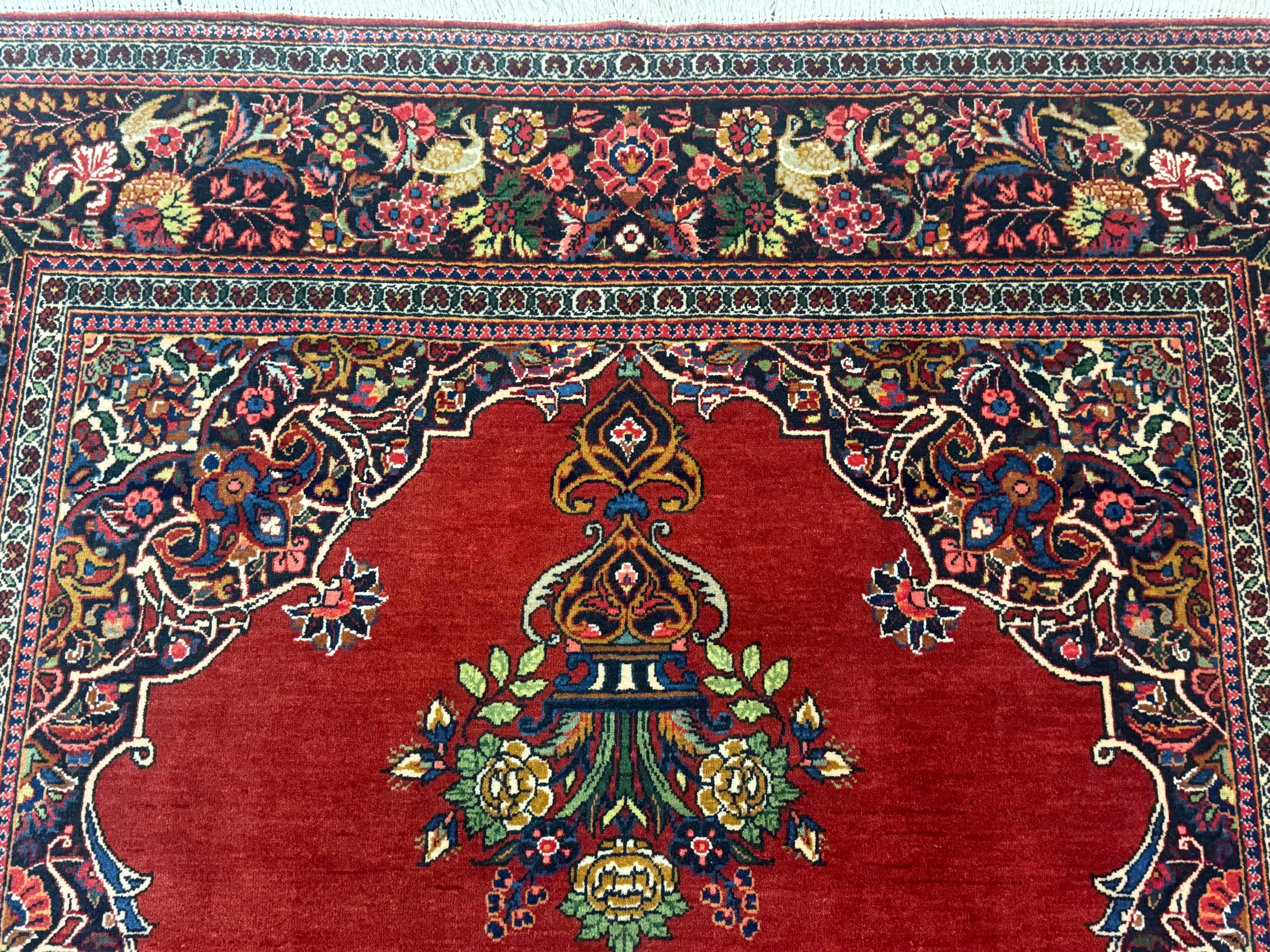 Red Persian Kashan Rug 4x6, Very Fine 260 KPSI, Red and Navy Blue Persian Carpet, Semi Open Field - Jewel Rugs