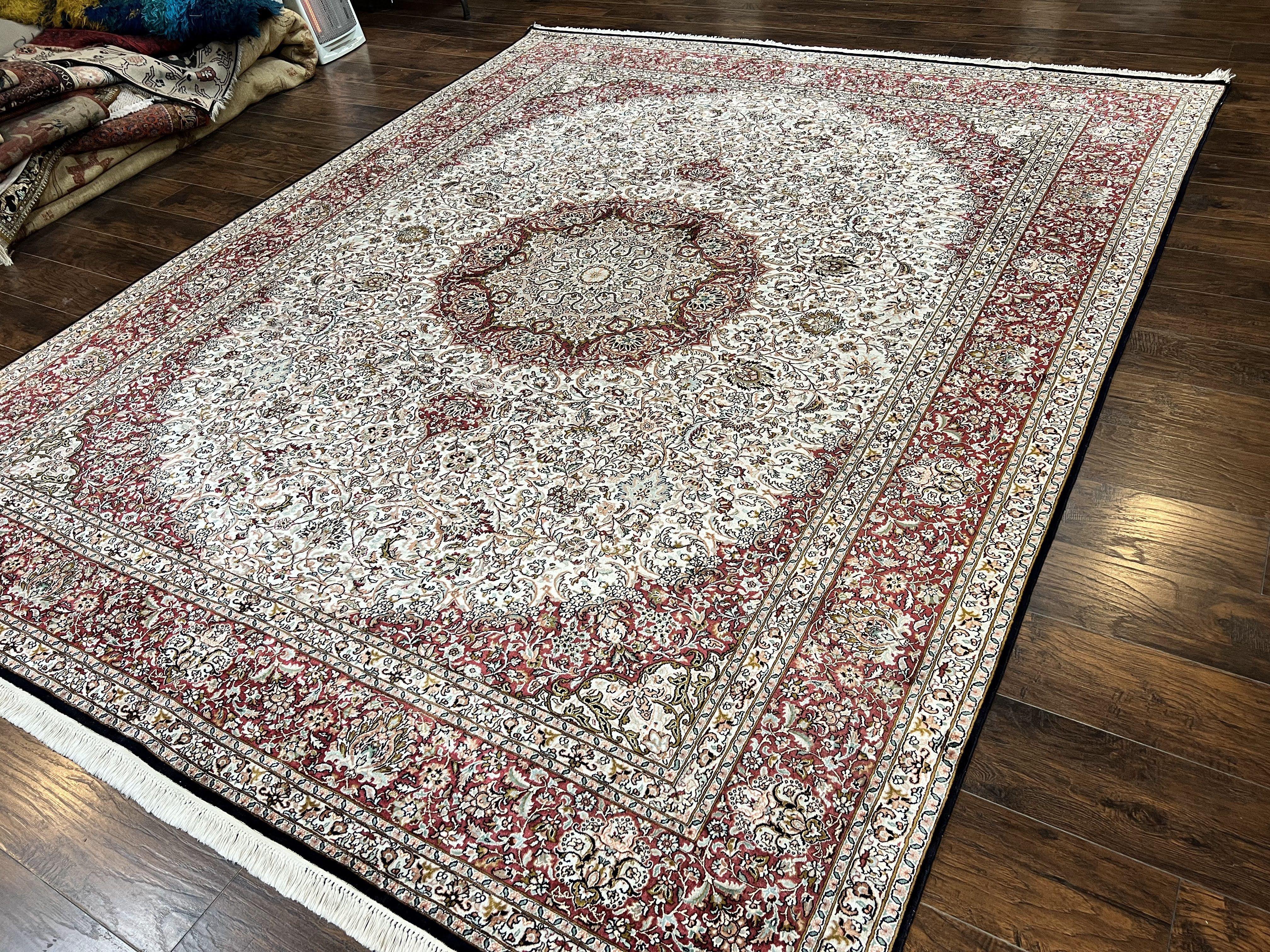Silk Indian Kashmiri Rug 9 x 11 ft, Room Sized Silk Vintage Indo Persian Handmade Hand Knotted Fine Oriental Carpet, Ivory and Maroon - Jewel Rugs