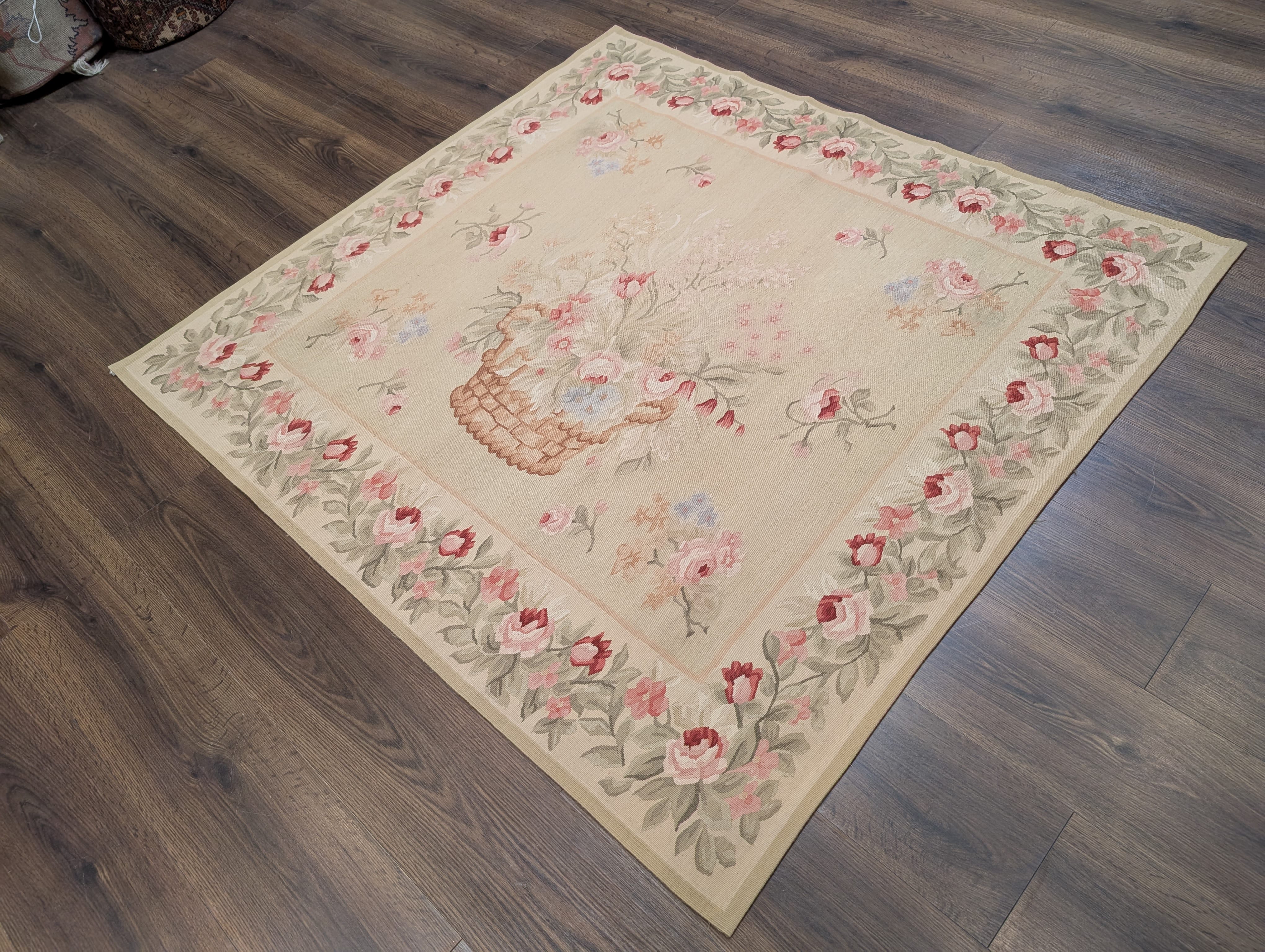 Square Aubusson Rug 4.8 x 5, French Vintage Floral European Wool Carpet - Jewel Rugs