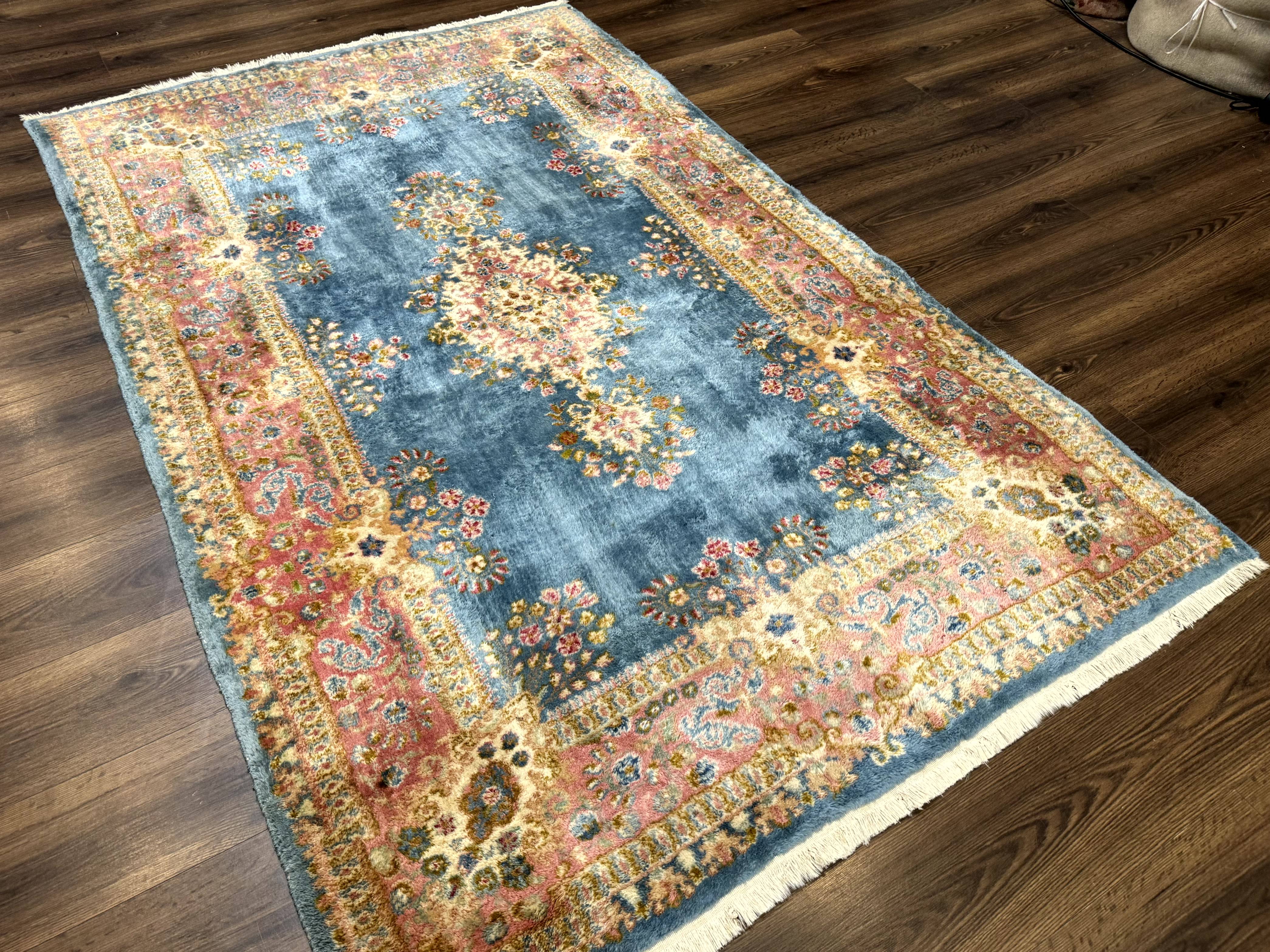 Persian Kerman Rug 5x8, Light Blue and Pink, Semi Open Field, Pastel Colors - Jewel Rugs
