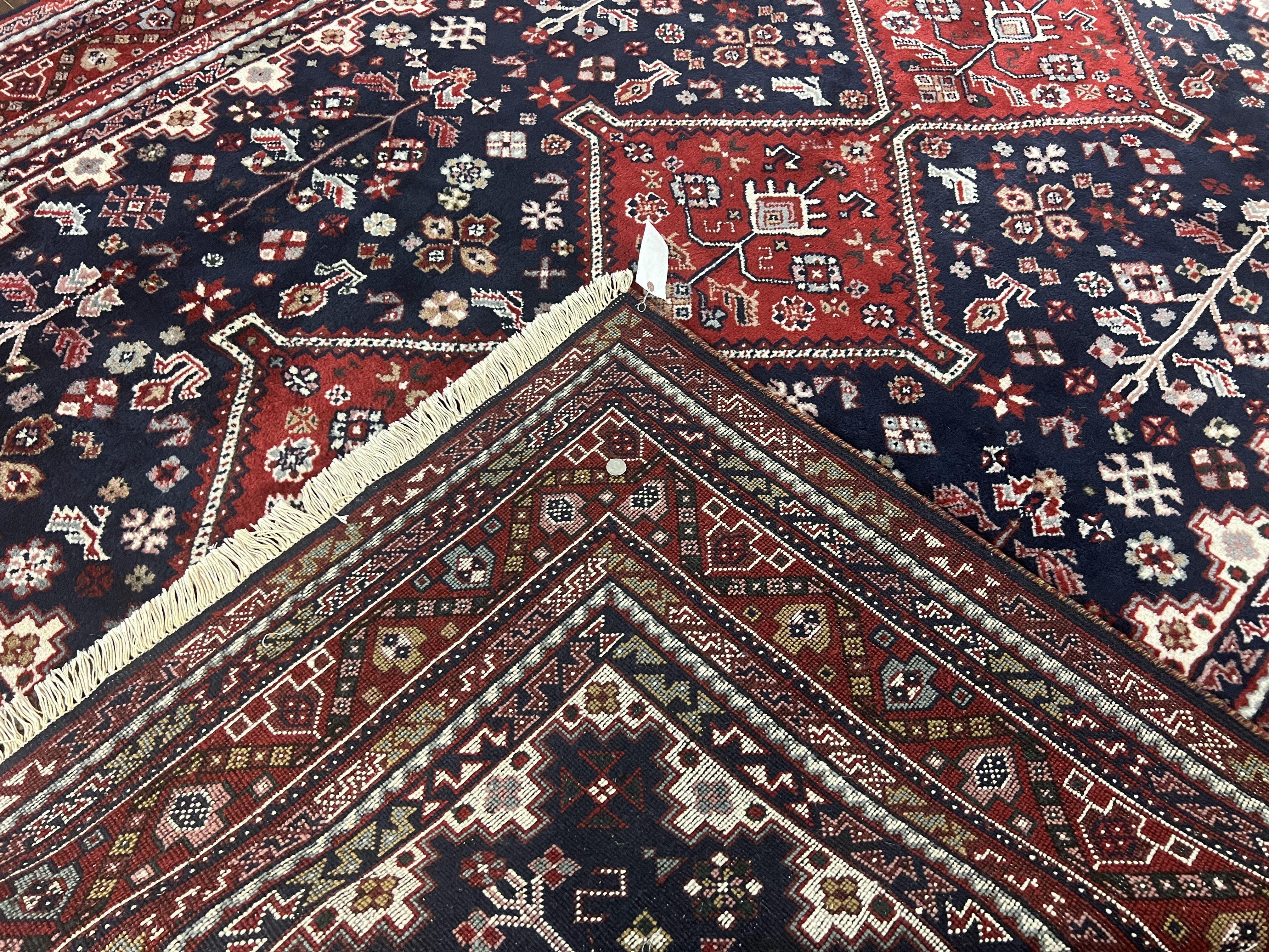 Persian Shiraz Tribal Rug 8x9, Geometric Medallions, Navy Blue and Red, Hand Knotted Handmade Semi Antique Wool Carpet - Jewel Rugs