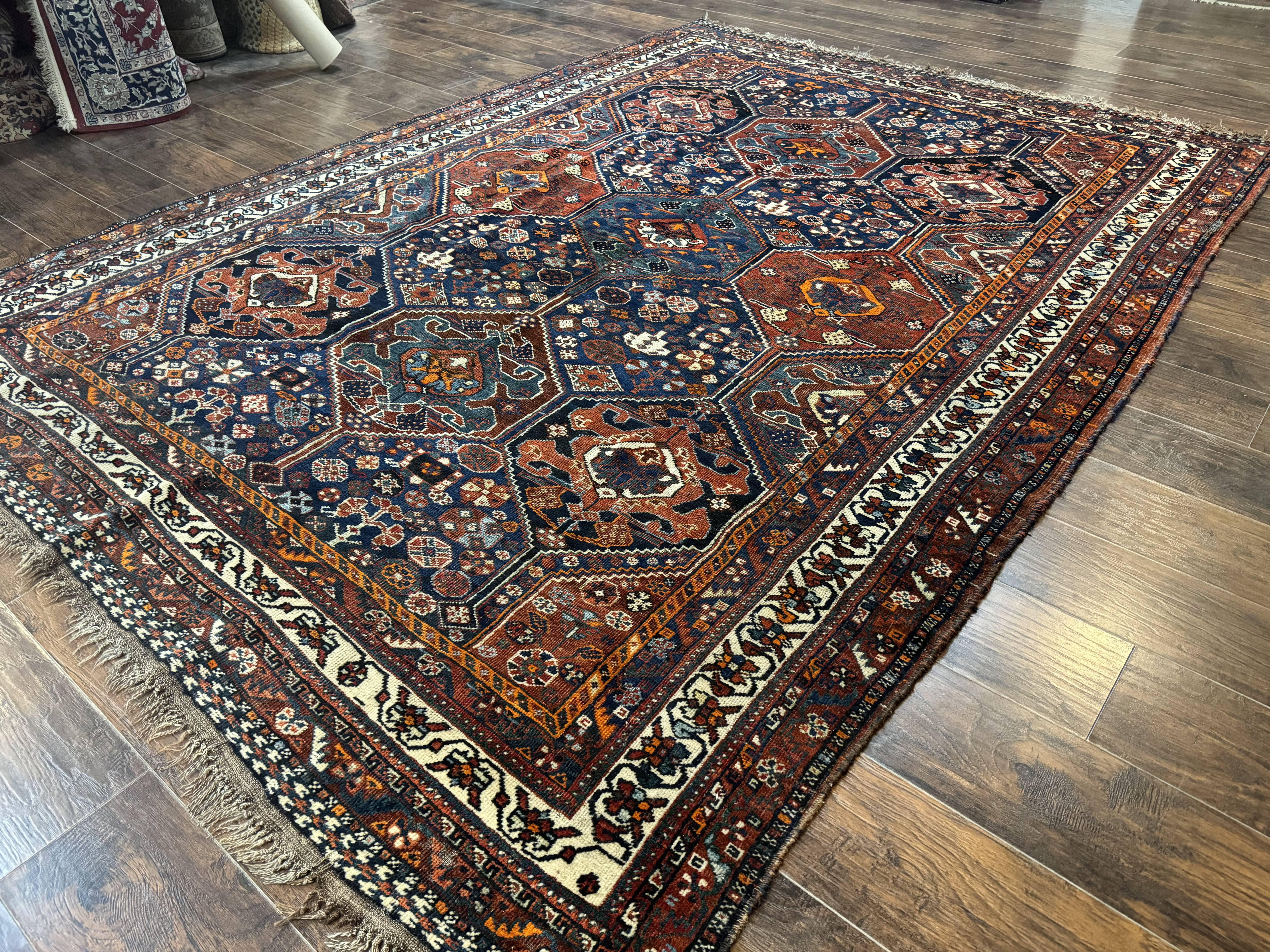 Persian Tribal Rug 7x10, Panel Design, Wool on Wool, Dark Blue, Antique Persian Carpet, Persian Shiraz Rug - Jewel Rugs