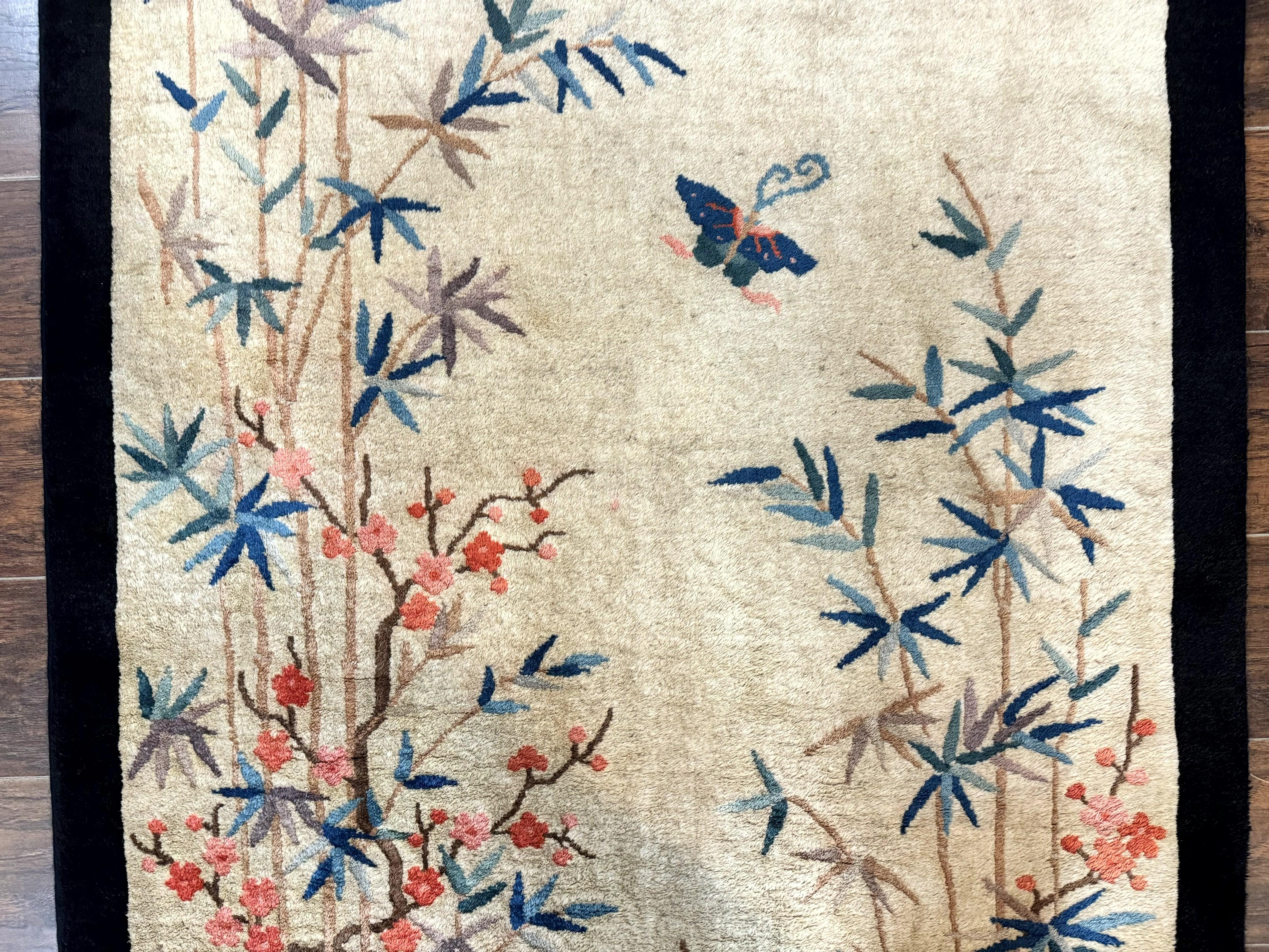 Antique Chinese Oval Rug 3.9 x 6.7, Floral, Butterflies, Chinese Wool Art Deco Peking Carpet, Beige, Handmade - Jewel Rugs