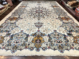 Palace Size Persian Kashan Rug 11x19 ft, Handmade Hand Knotted Oversized Extra Large Wool Semi Antique Oriental Carpet, Ivory and Light Blue Floral