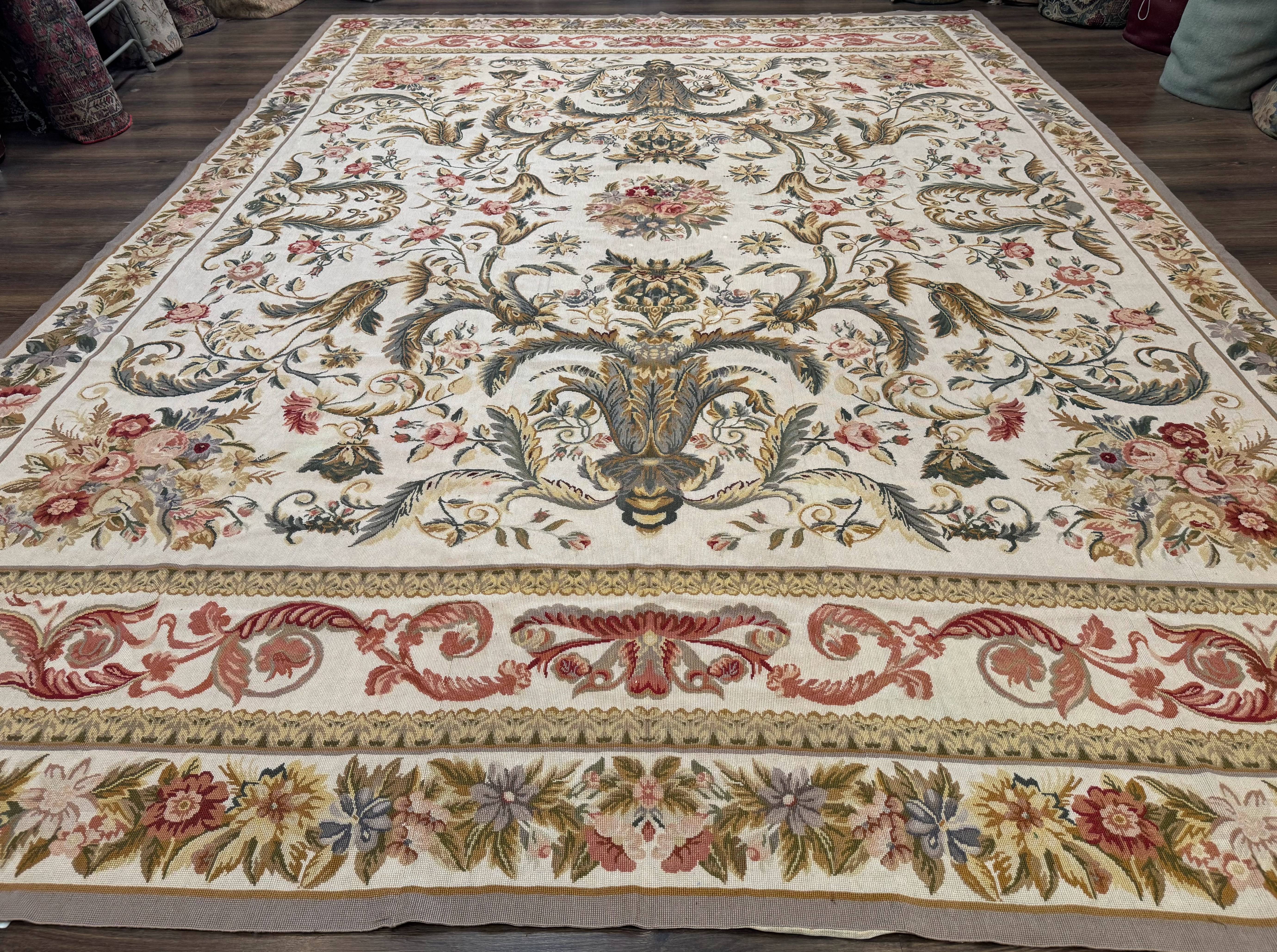 Aubusson Needlepoint Rug 10x14, Elegant European French Carpet, Vintage Carpet - Jewel Rugs
