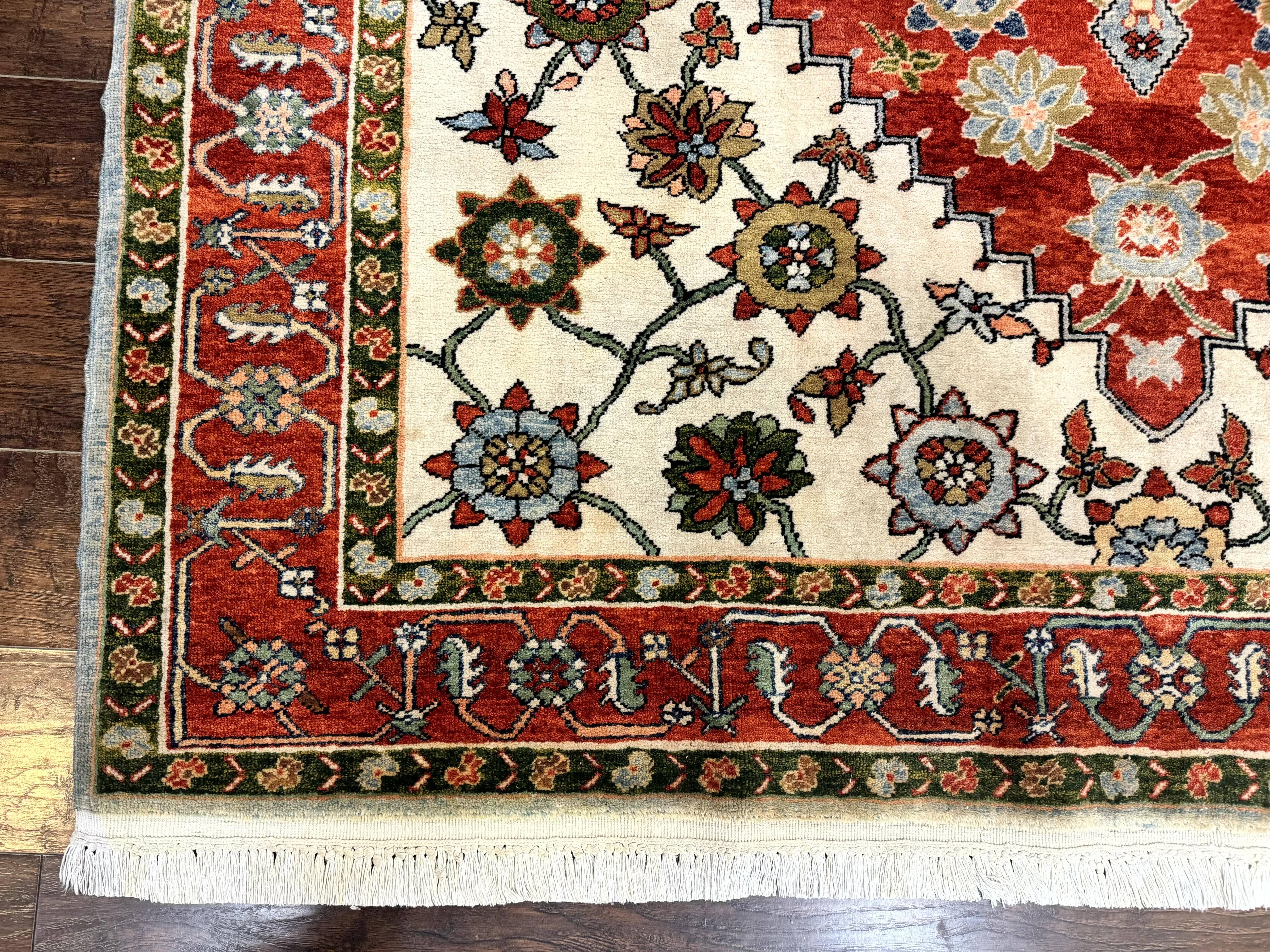 Indo Persian Heriz Rug 7x9, Geometric Pattern, Cream & Light Red, Handmade Vintage Wool Carpet - Jewel Rugs