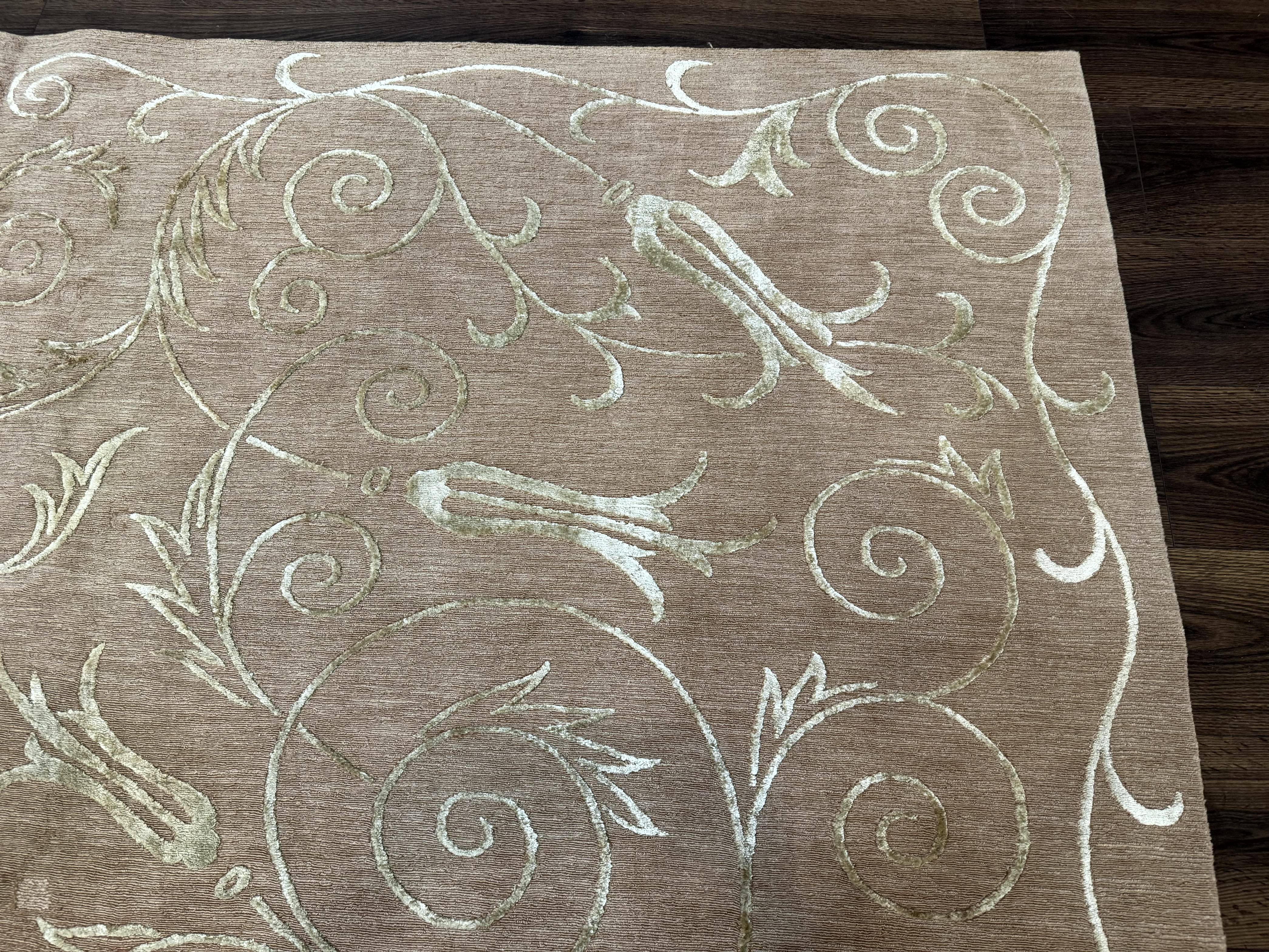 Tibetan Rug 9x12 Wool and Silk Beige Modern Handmade Carpet - Jewel Rugs