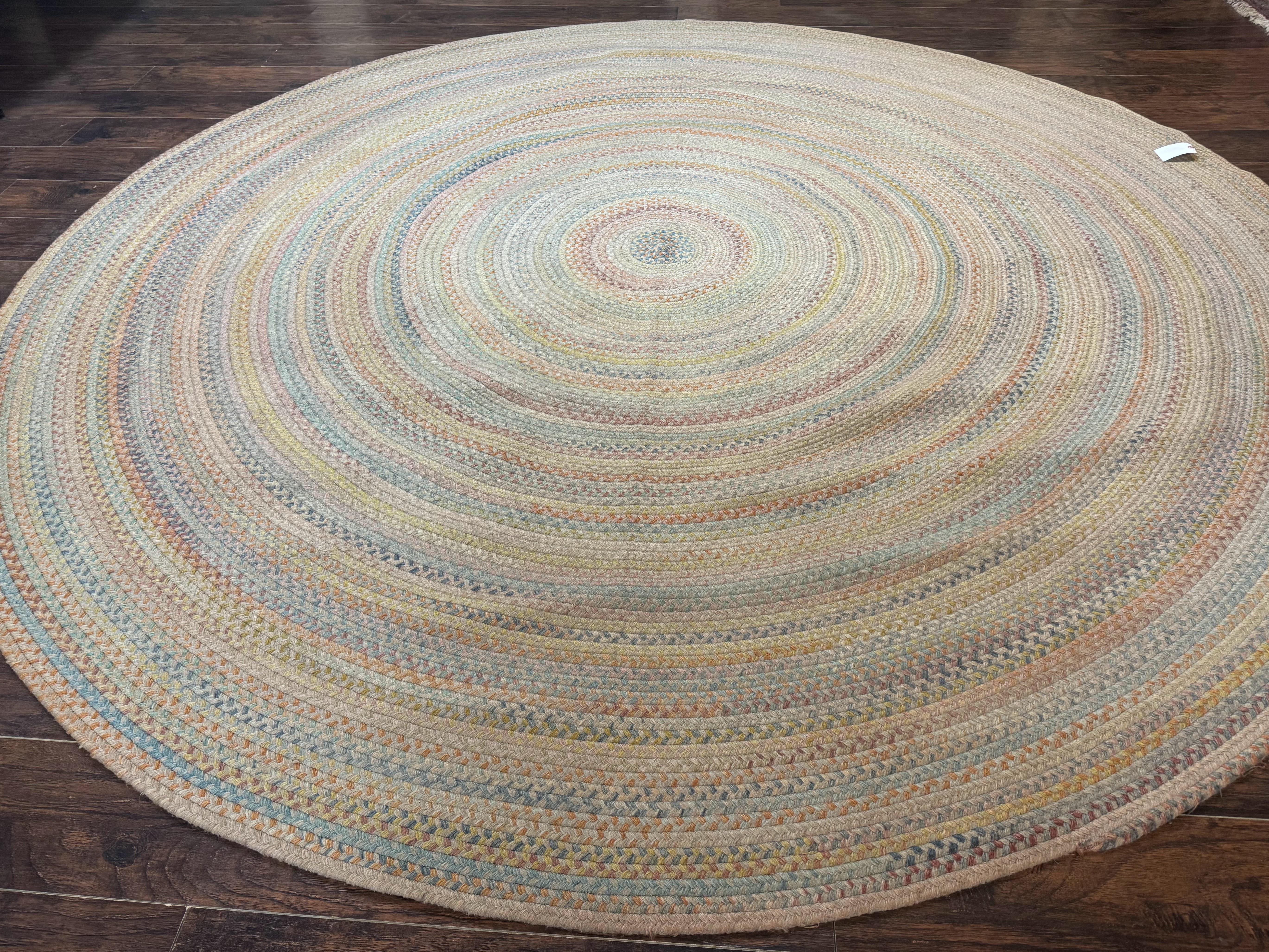 Large American Round Braided Rug 10x10, Multicolor, Vintage, Mid Century, Hand Braided - Jewel Rugs