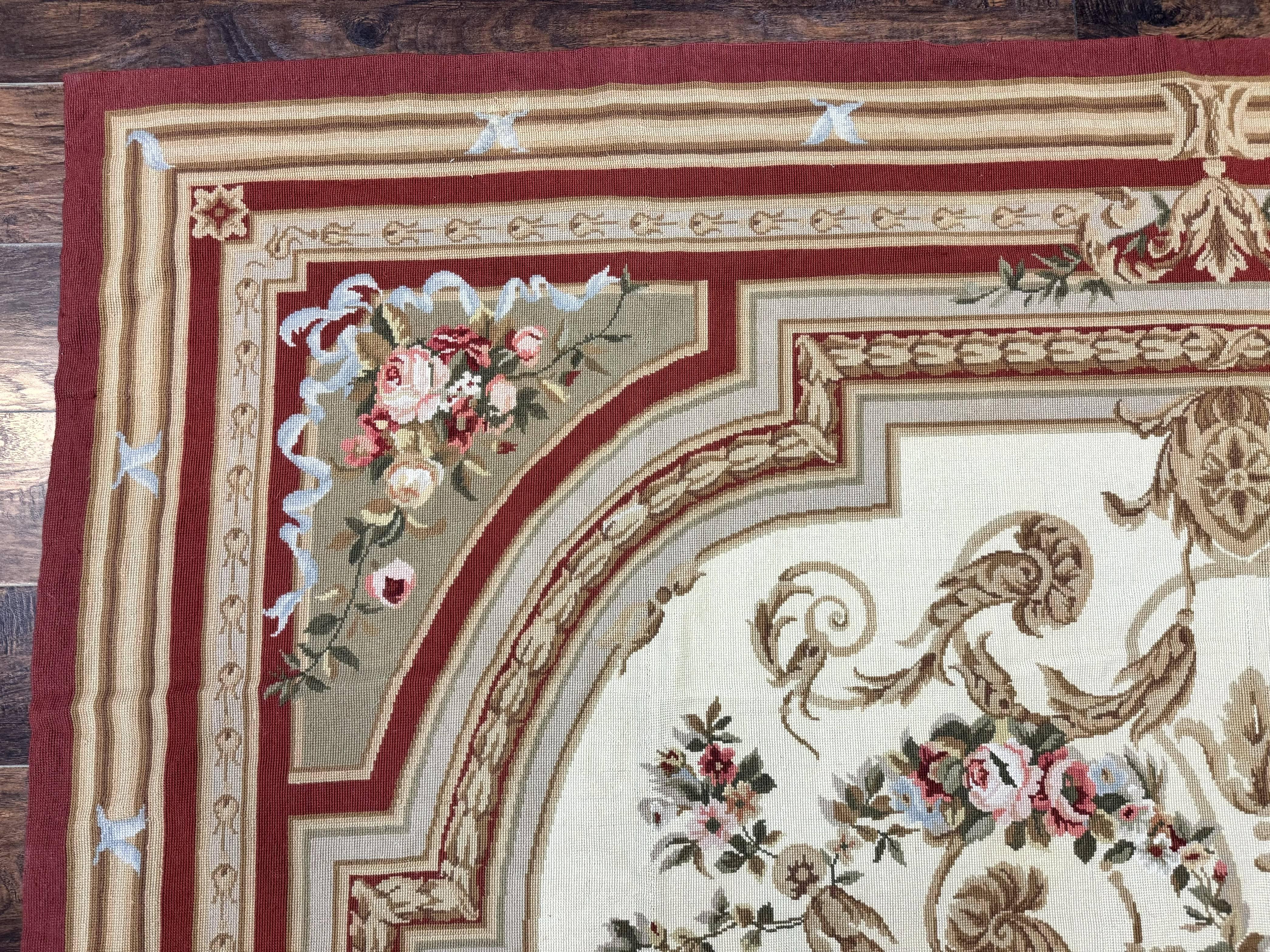 Aubusson Needlepoint Rug 9x11, Handmade Vintage Wool Flatweave Carpet, Elegant European Rug, Floral, Cream - Jewel Rugs