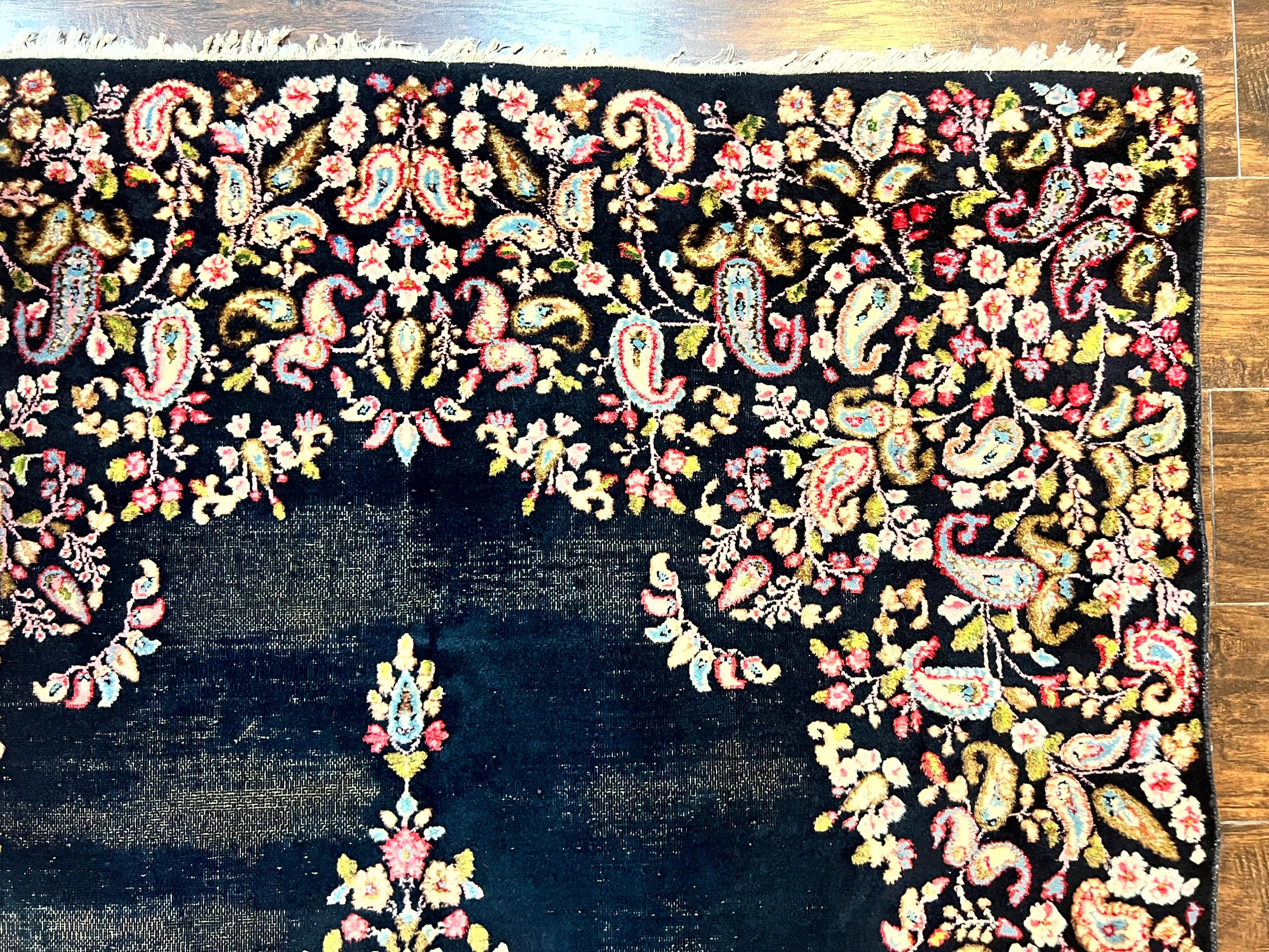 Antique Persian Kirman Rug 5x8, Floral Kirman, Midnight Blue/Black, Semi Open Field, Handmade Vintage Wool Carpet - Jewel Rugs