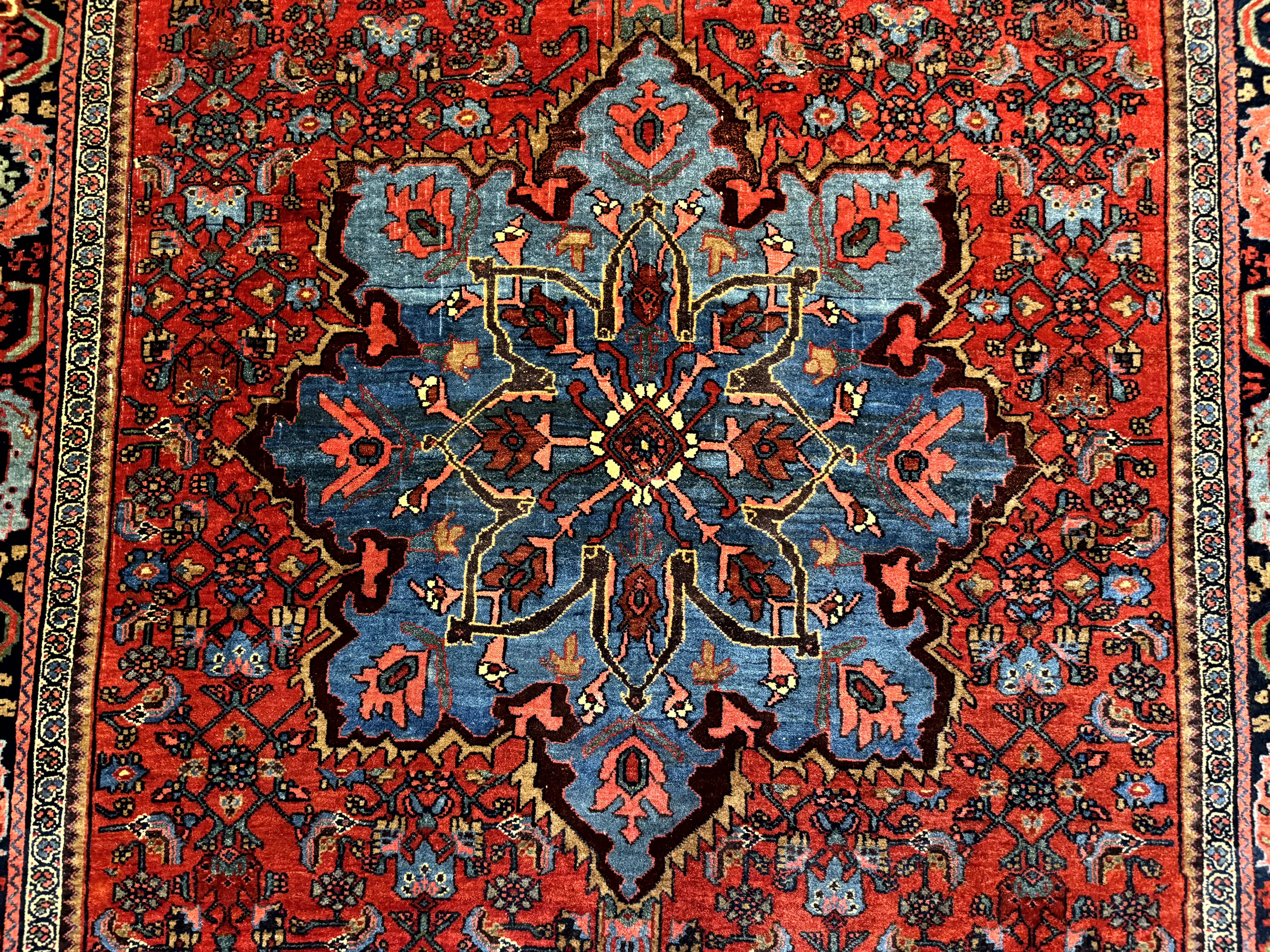 Antique Persian Bijar Rug 5x8, Red and Navy Blue, Medallion and Corner Design - Jewel Rugs