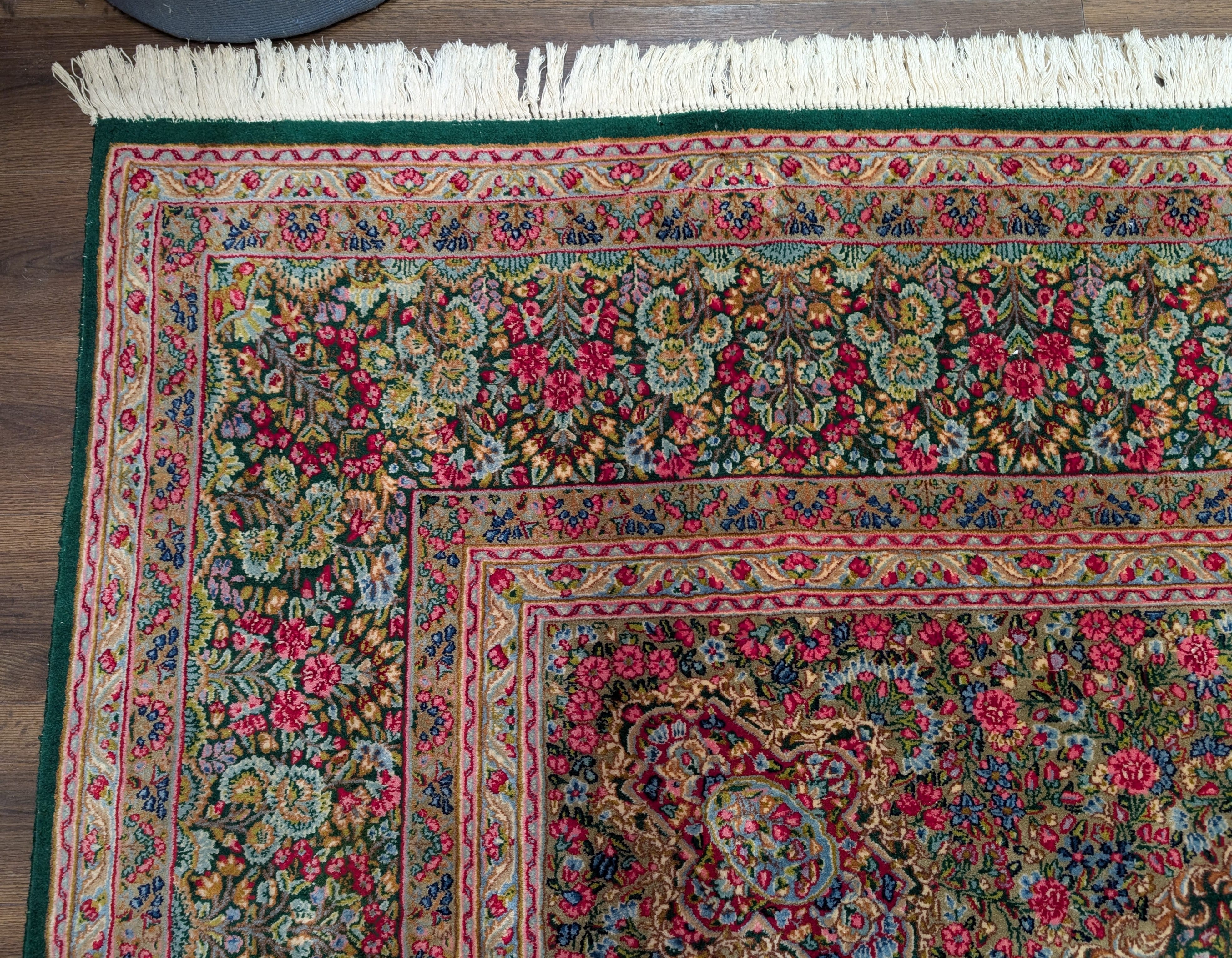 Persian Kerman Rug 10x13, Millefleur Floral Allover Pattern, Hand-Knotted Wool Carpet, Dark Green, Multicolor - Jewel Rugs