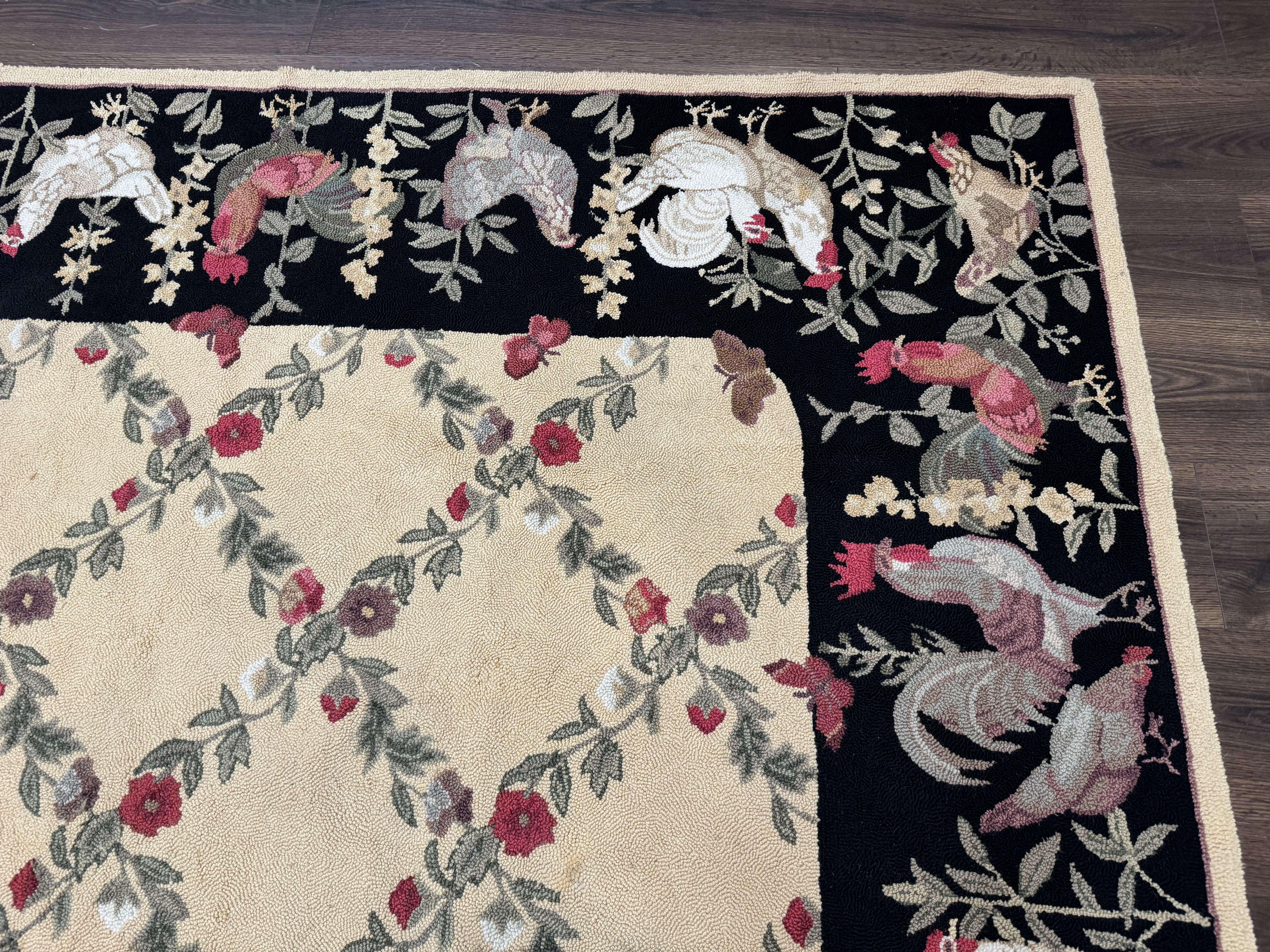 Vintage Hooked Rug 7x9, Rosters in Border, Roses and Butterflies - Jewel Rugs