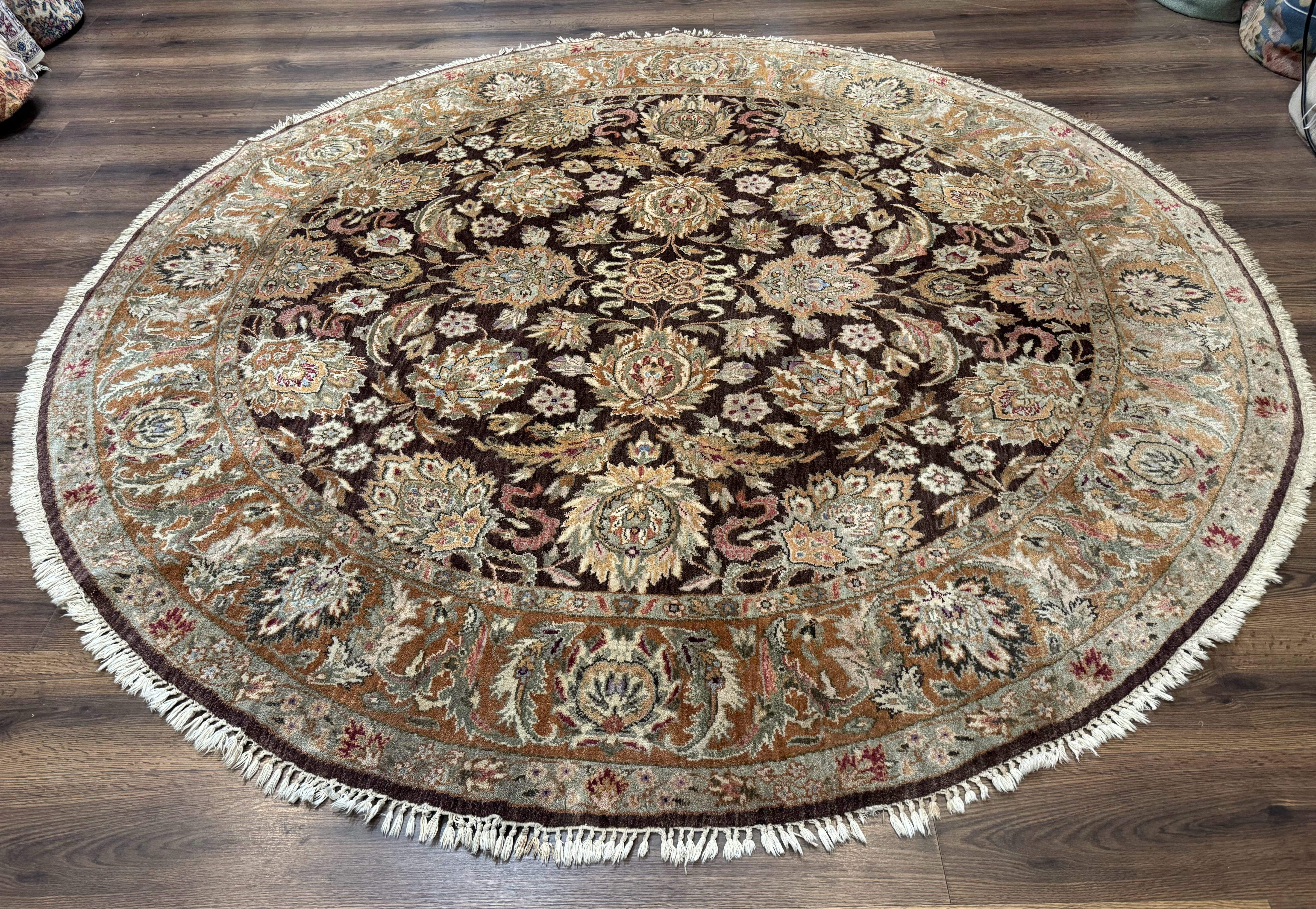 Round Indo Persian Rug 8x8, Mahal Sultanabad Traditional Wool Oriental Carpet, 8ft Round, Eggplant-Brown, Floral - Jewel Rugs