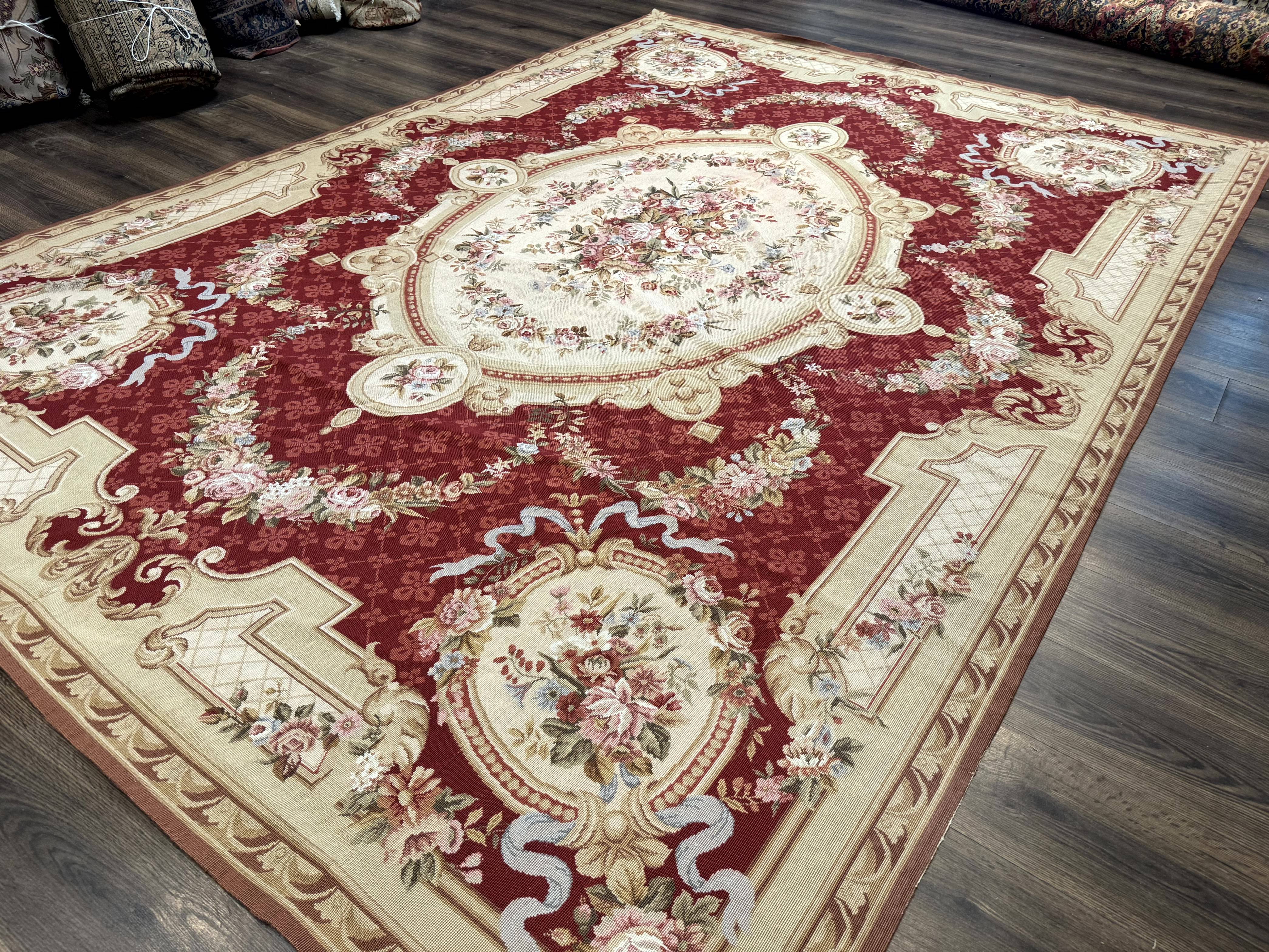 Aubusson Rug 8x11, Needlepoint Carpet, Red Ivory Beige, Vintage, French European Design - Jewel Rugs