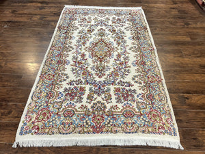 Persian Rug 5x8, Kirman Rug 5 x 8, Handmade Hand Knotted Semi Antique Vintage Oriental Carpet, Ivory Light Blue, Traditional Rug Medium Size