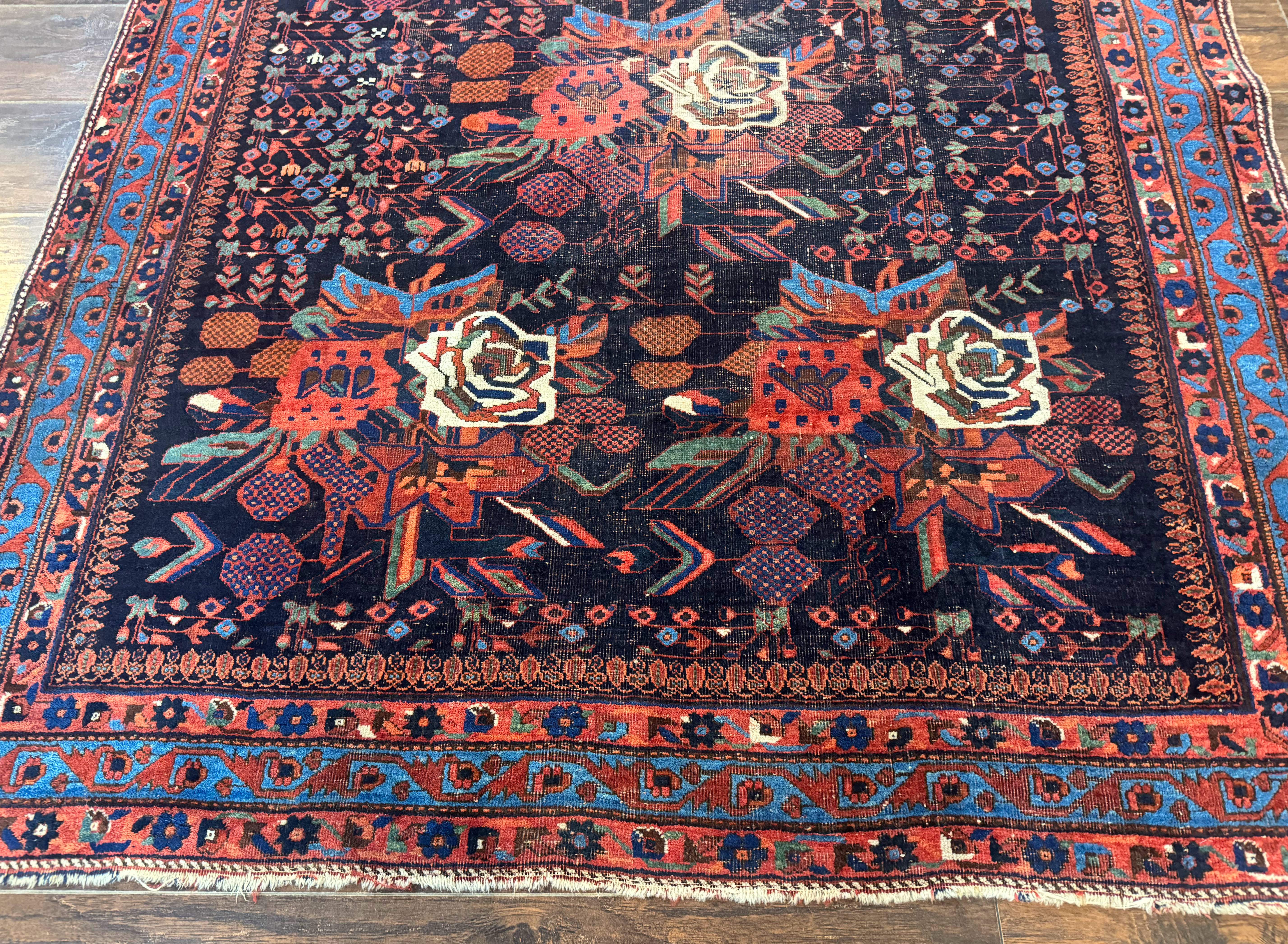 Persian Afshar Tribal Rug 5x6 – Navy and Red, Hand-Knotted Wool, Antique Carpet, Floral - Jewel Rugs