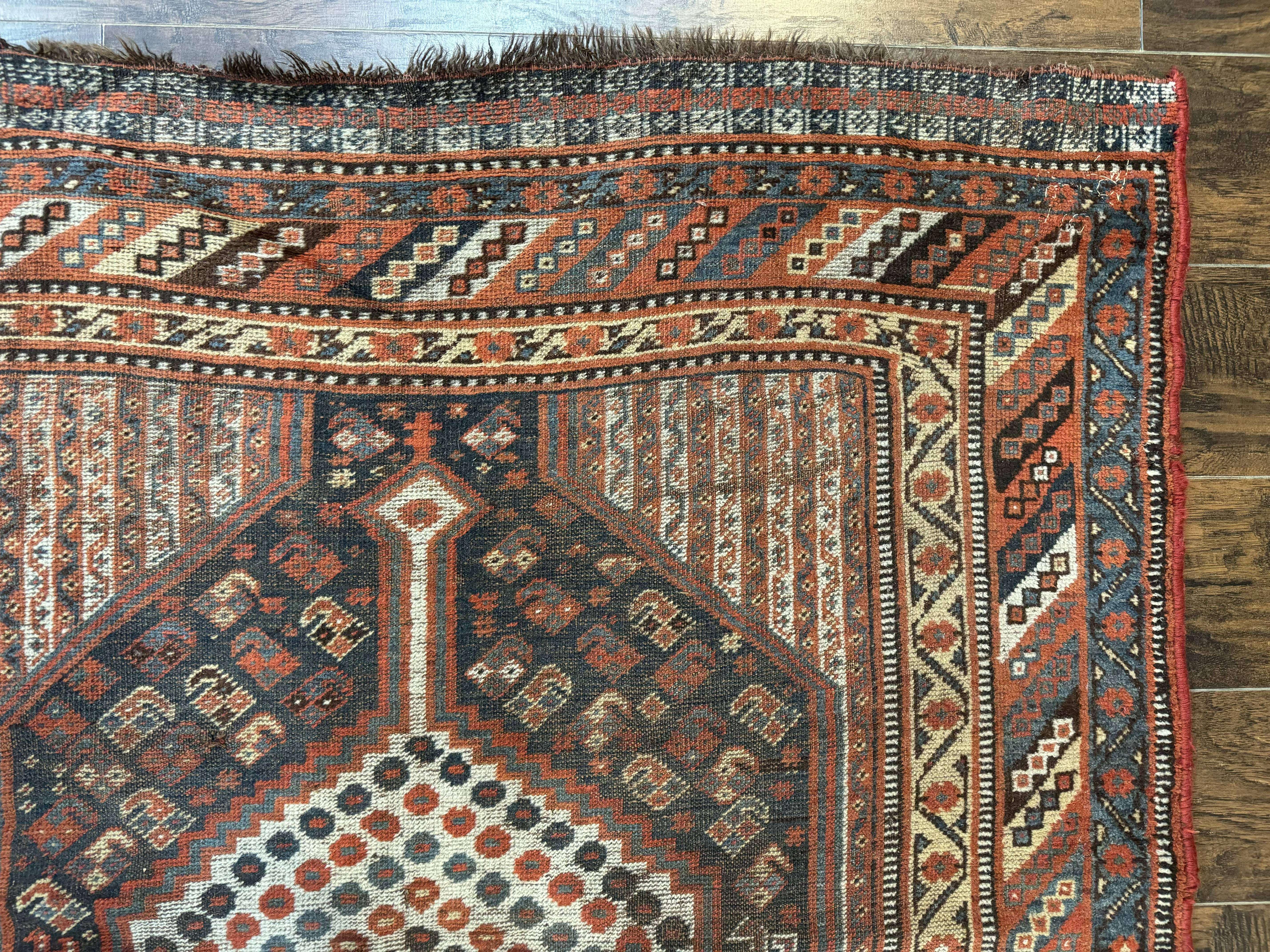 Antique Persian Shiraz Rug 5x8, Khamseh Tribal Wool 1920s Carpet, Navy Blue - Jewel Rugs