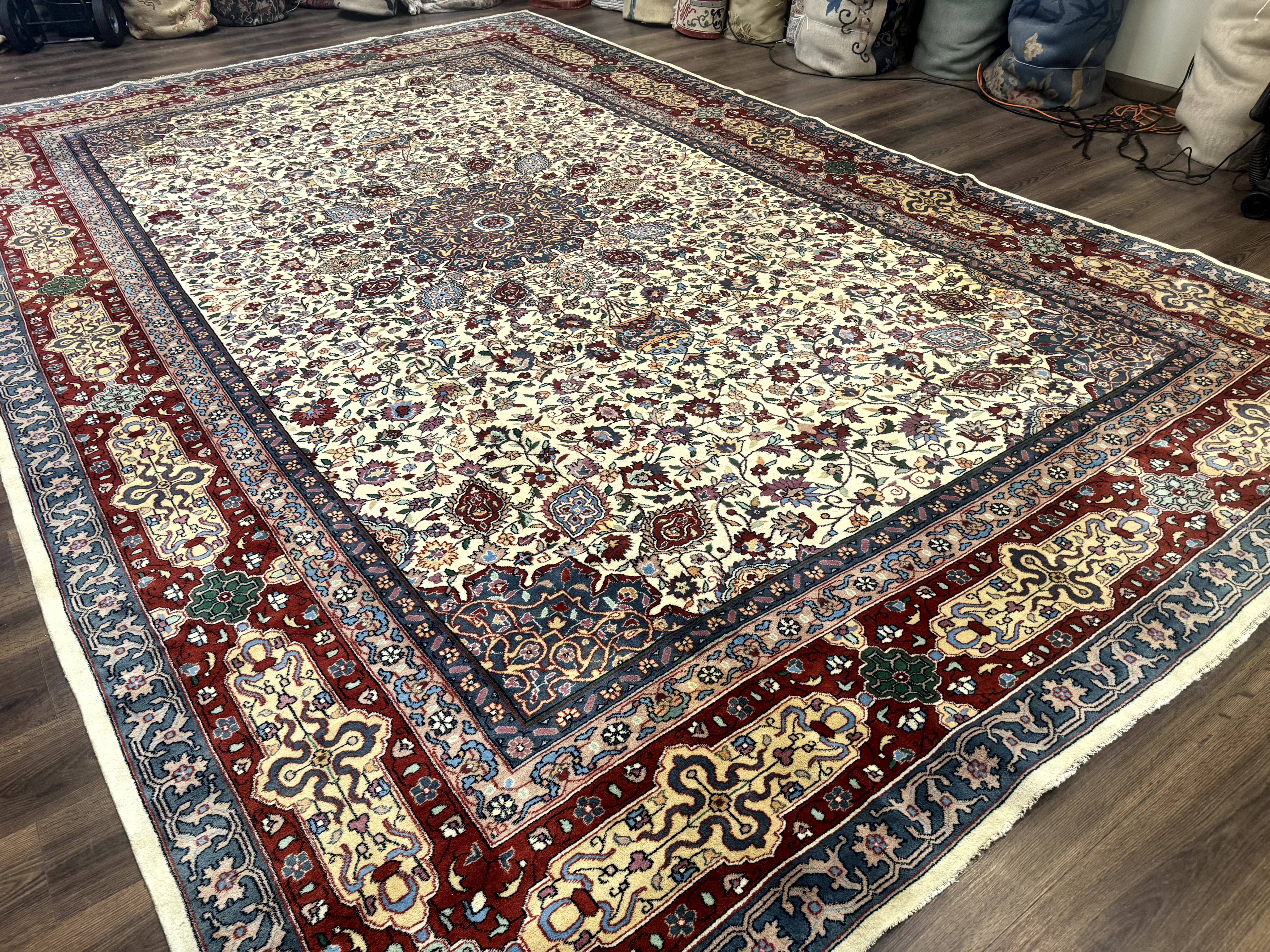 Persian Mashad Rug 10x16, Palace Size Handmade Wool Carpet, Cream Red, Floral Medallion, Vintage - Jewel Rugs