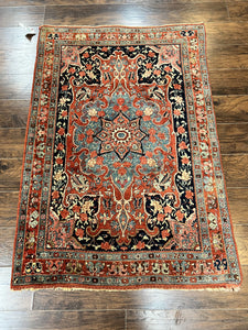 Antique Persian Bidjar Rug 4x5, Red and Blue, Hand Knotted Wool Carpet