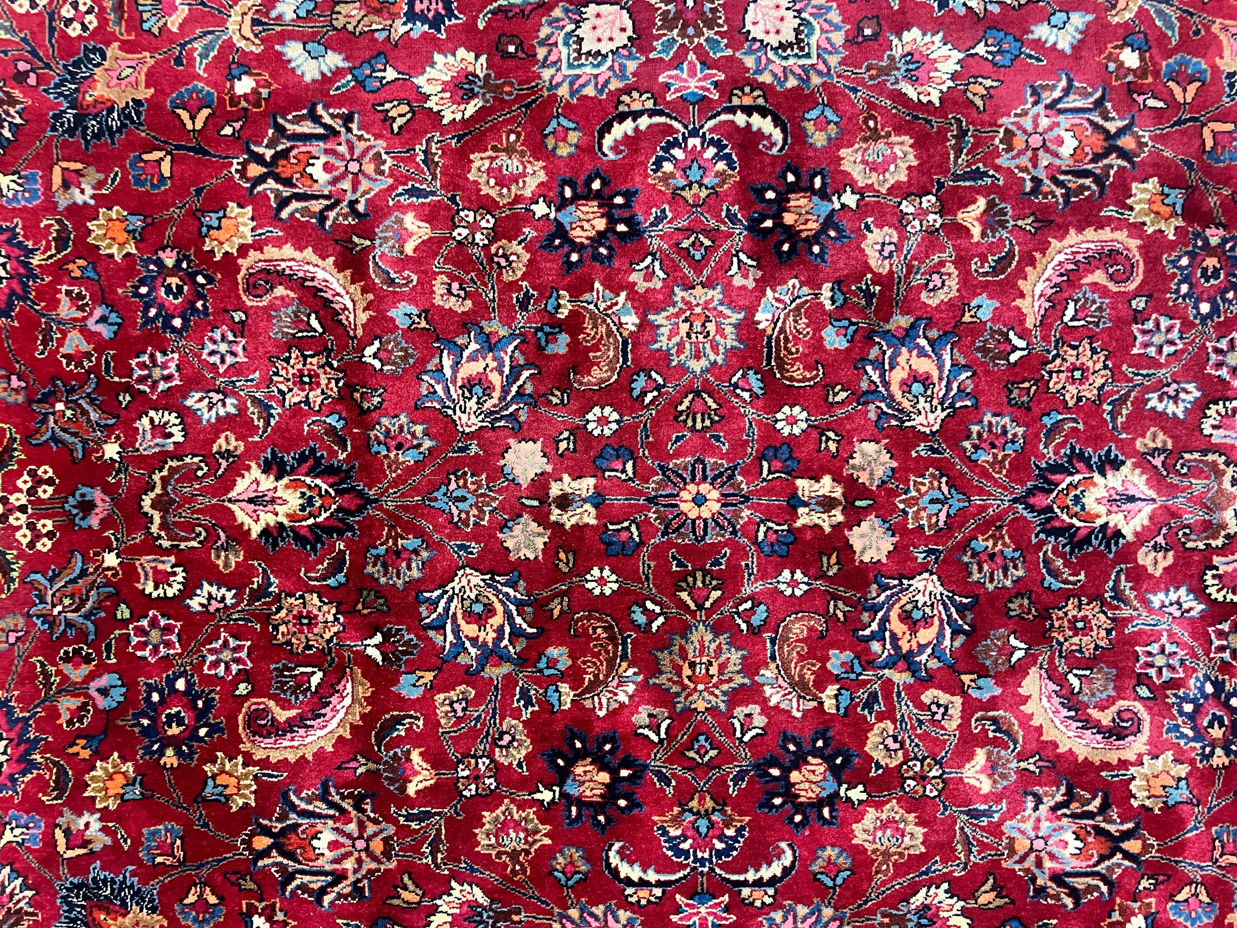 Signed Persian Mashad Rug 8x10, Wool Oriental Carpet, Semi Antique Rug, Hand Knotted, Traditional, Red, Floral Allover, - Jewel Rugs