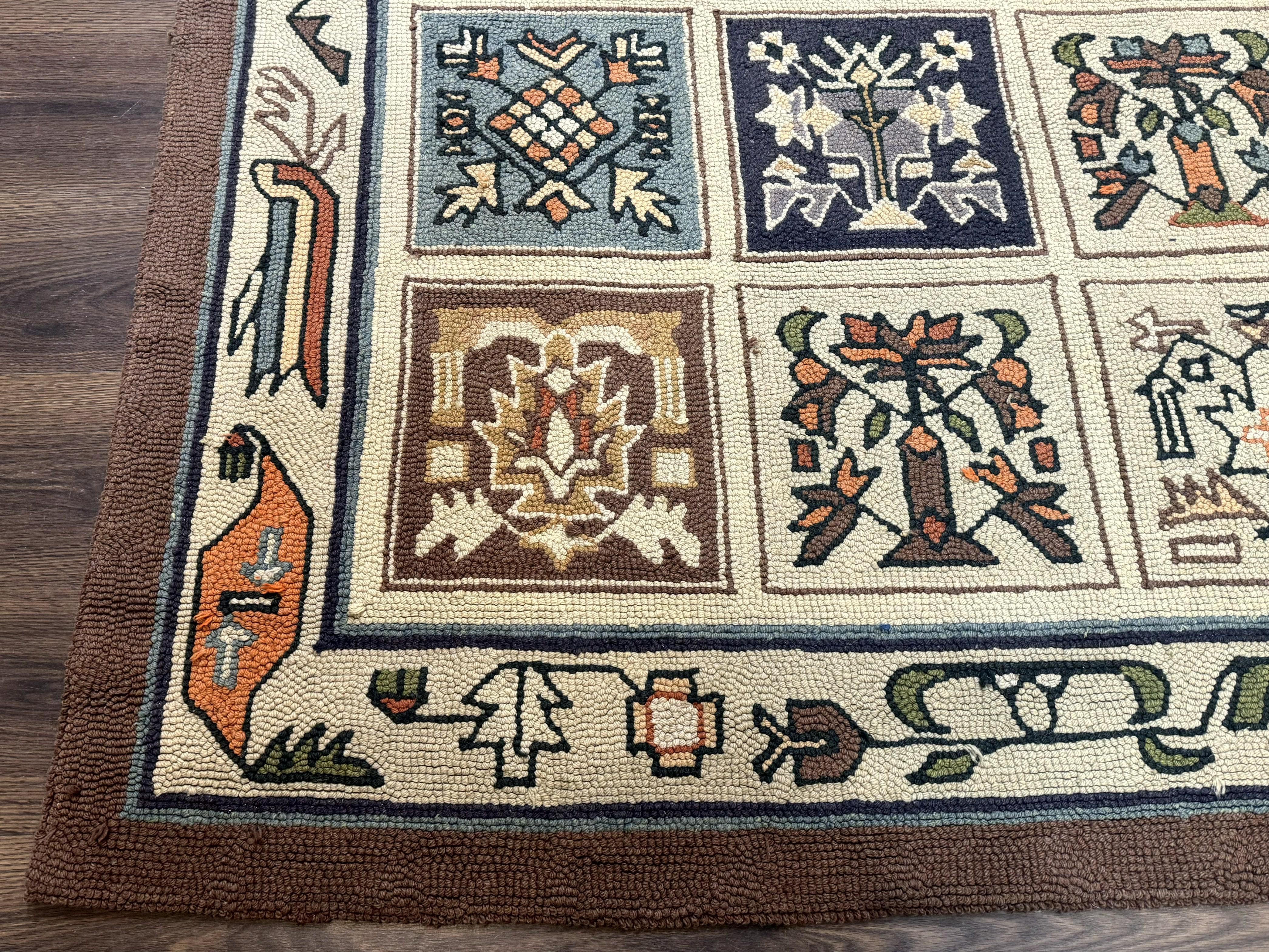 Hooked Rug 8x11, Vintage, American Vintage Hand Hooked Area Rug, Multicolor Panel, Rare - Jewel Rugs